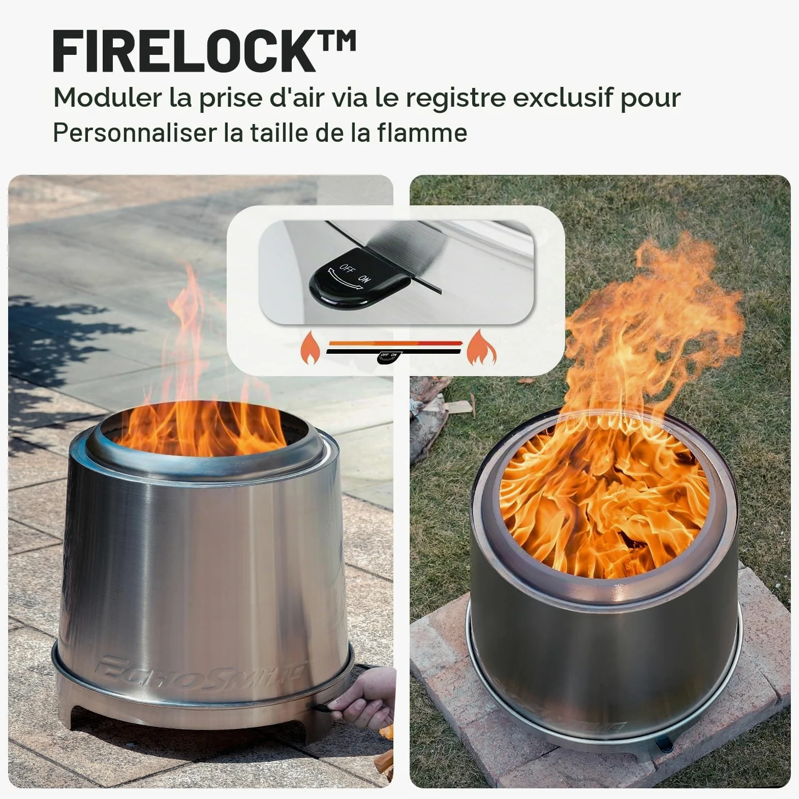 EchoSmile Brasero Exterieur 46cm avec Triple Combustion et Flux d'air Réglable, Foyers Portable de sans émission de Fumée, Bac à Cendres Amovible, Acier INOX, pour Jardin, la Cour, Patio et Plage