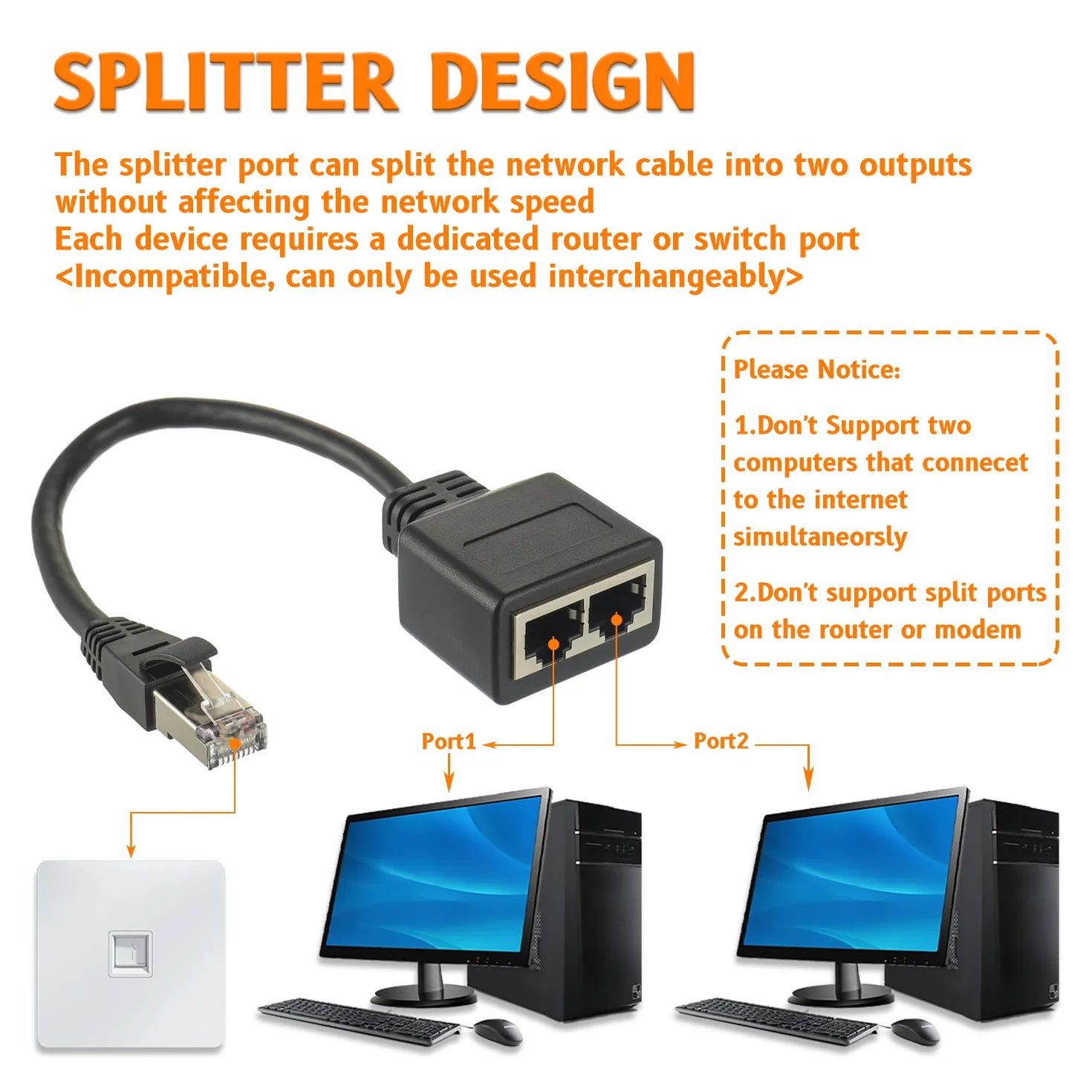 Adaptateur Répartiteur RJ45 1 mâle vers 2 femelles Ethernet Cat5 Cat5e Cat6 Cat7