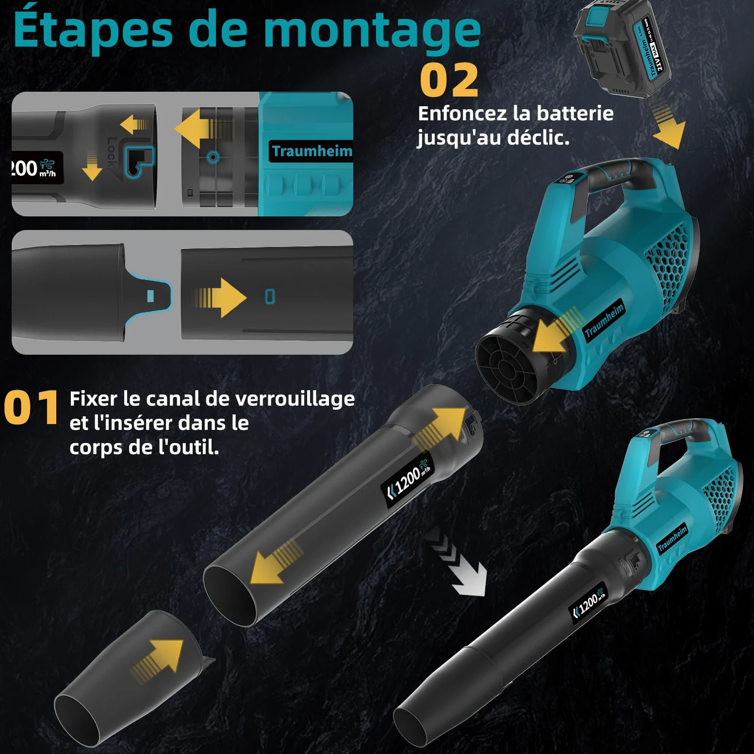 Souffleur de Feuilles sans Fil avec Batterie, 3 Vitesses, électrique sans Fil avec 2 Batteries 4,0Ah/21V, 1200 m³/h, pour Jardin, Feuilles, poussière et Neige