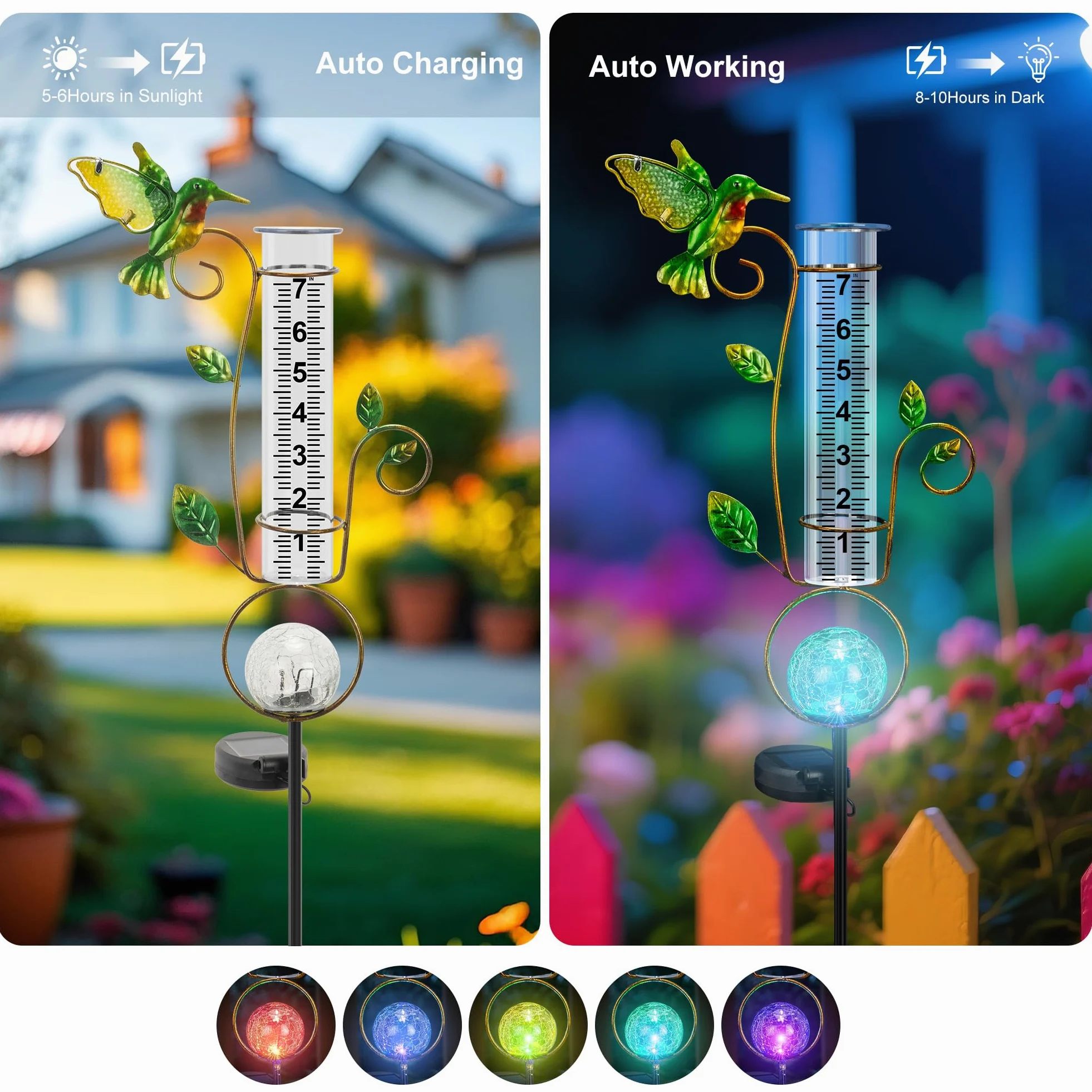 Pluviomètre d'extérieur – Jauge de pluie solaire en forme de colibri décorative avec lumières LED à changement de couleur en forme de boule fissurée de 17,8 cm Tube résistant au gel pour l'extérieur