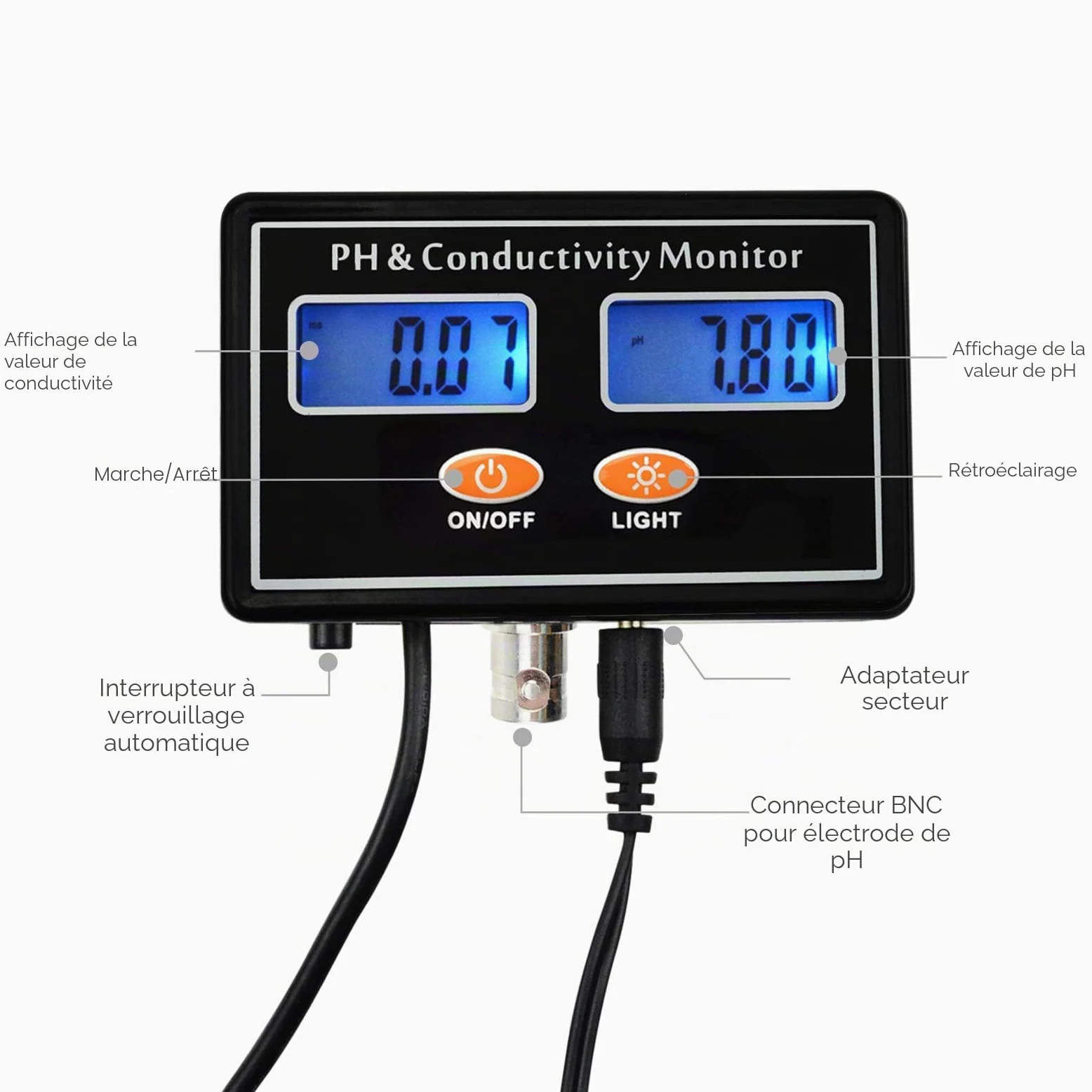 PH EC Conductivity Monitor Meter Rétro-éclairage ATC Qualité de l'eau Surveillance continue en temps réel Mesure Rechargeable 0.00~14.00pH / 0~19.99m S/cm Aquaculture Aquarium Pond Hydroponic