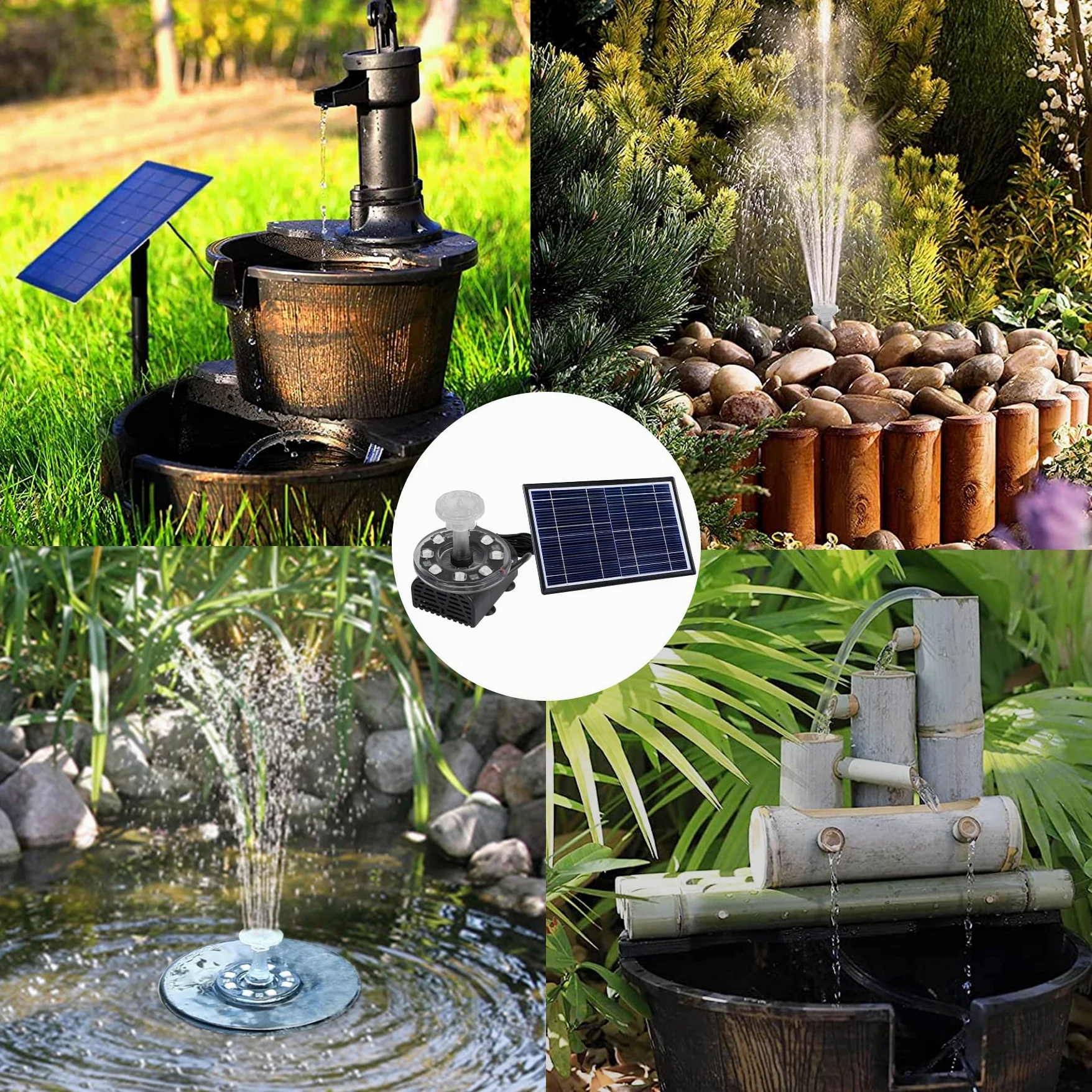 Fontaine Solaire LED avec Panneau Solaire 7W, Batterie 5000 Mah intégrée, 10 Styles de Fontaine pour Jardin, Bain d'oiseaux et étang