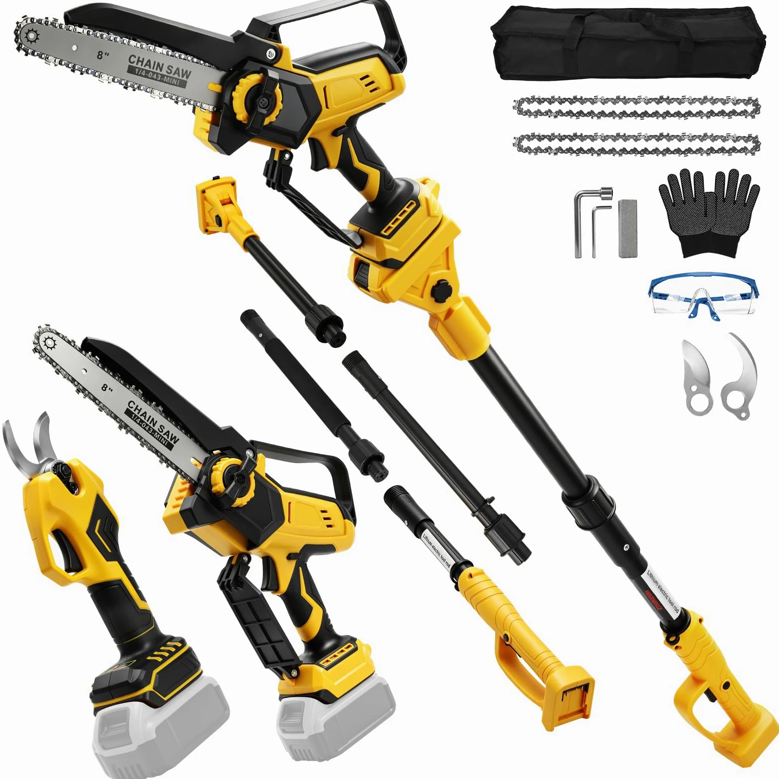 Mini Tronconneuse avec Perche 8 Pouces & Secateur Electrique 28 mm | Telescopique, pour Dewalt 18 V, 20 V Batterie, 4 en 1 Élagueuse sur Perche, Portée Maximale 4,5 m
