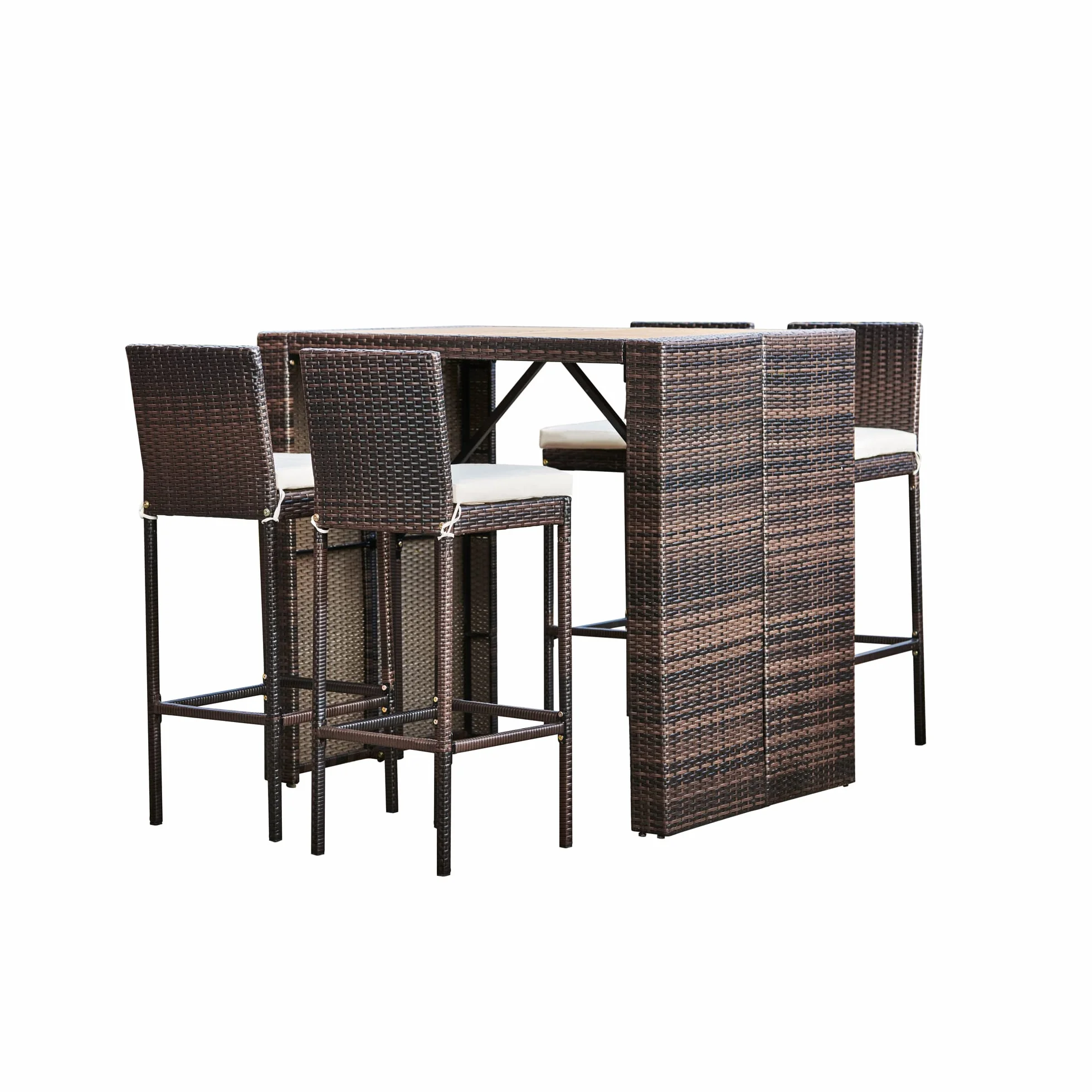 Teamson Home Ensemble Table et 4 Chaises de Jardin Extérieur Hautes Style Bar Plateau en Bois Coussins Amovibles