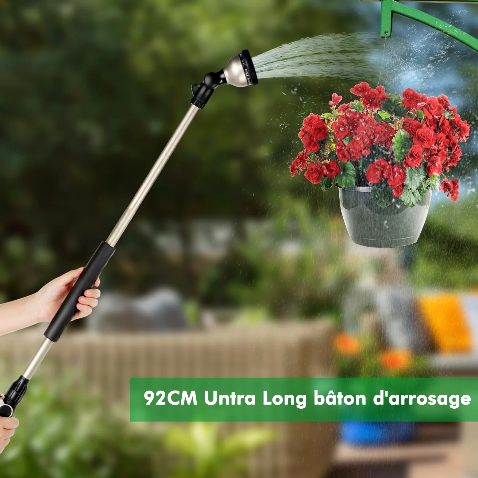 RESTMO Pistolet d'arrosage de jardin en métal extra-longue 92 cm | Avec sa buse rotative à 180°,10 modes de pulvérisation et son contrôle du débit, l'arrosage des paniers suspendus arbustes.
