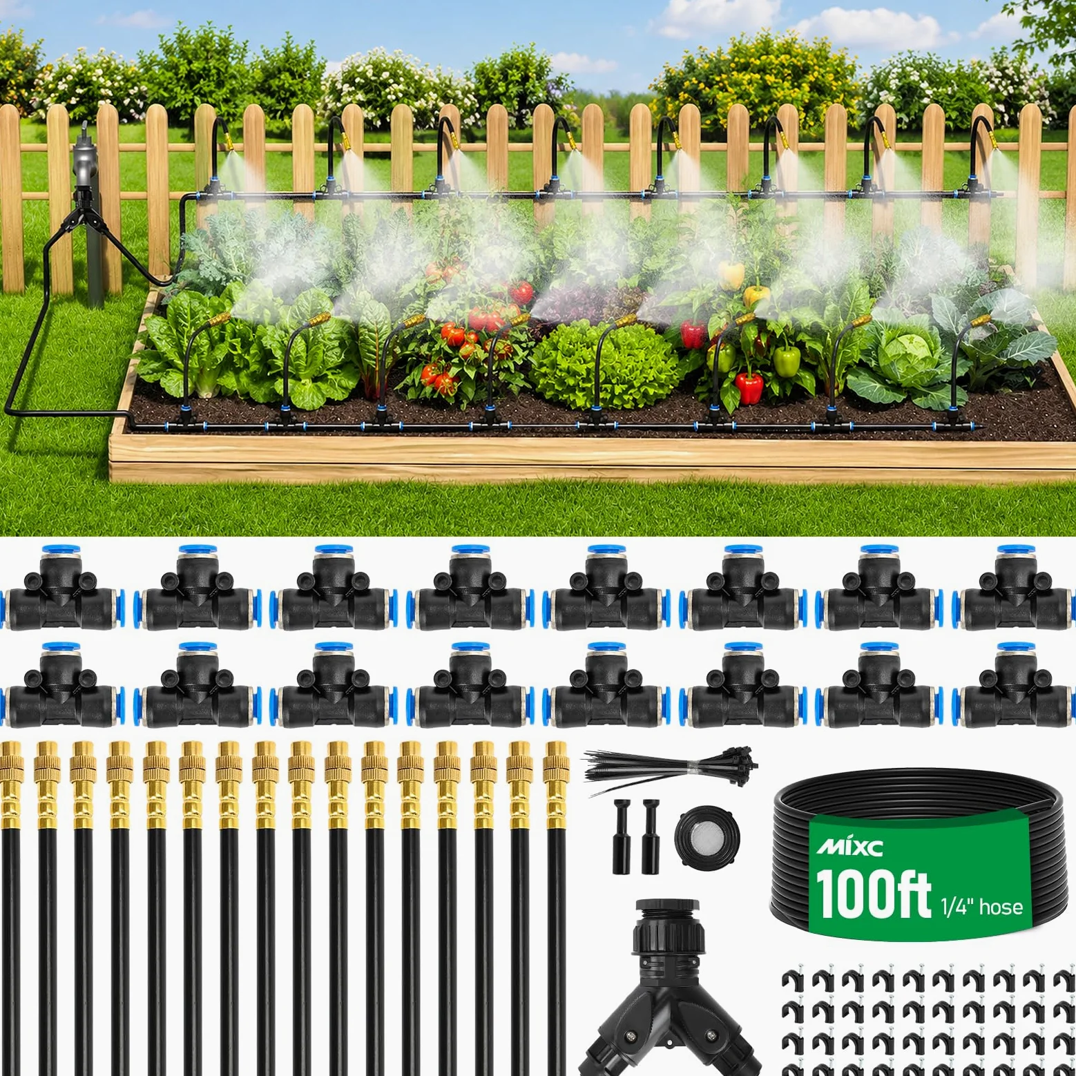 Mixc Système d'irrigation goutte à goutte de 30,6 m, kit d'irrigation de jardin avec 16 buses réglables en cuivre, système d'arrosage automatique pour plantes d'extérieur, plate-bande surélevée, cour