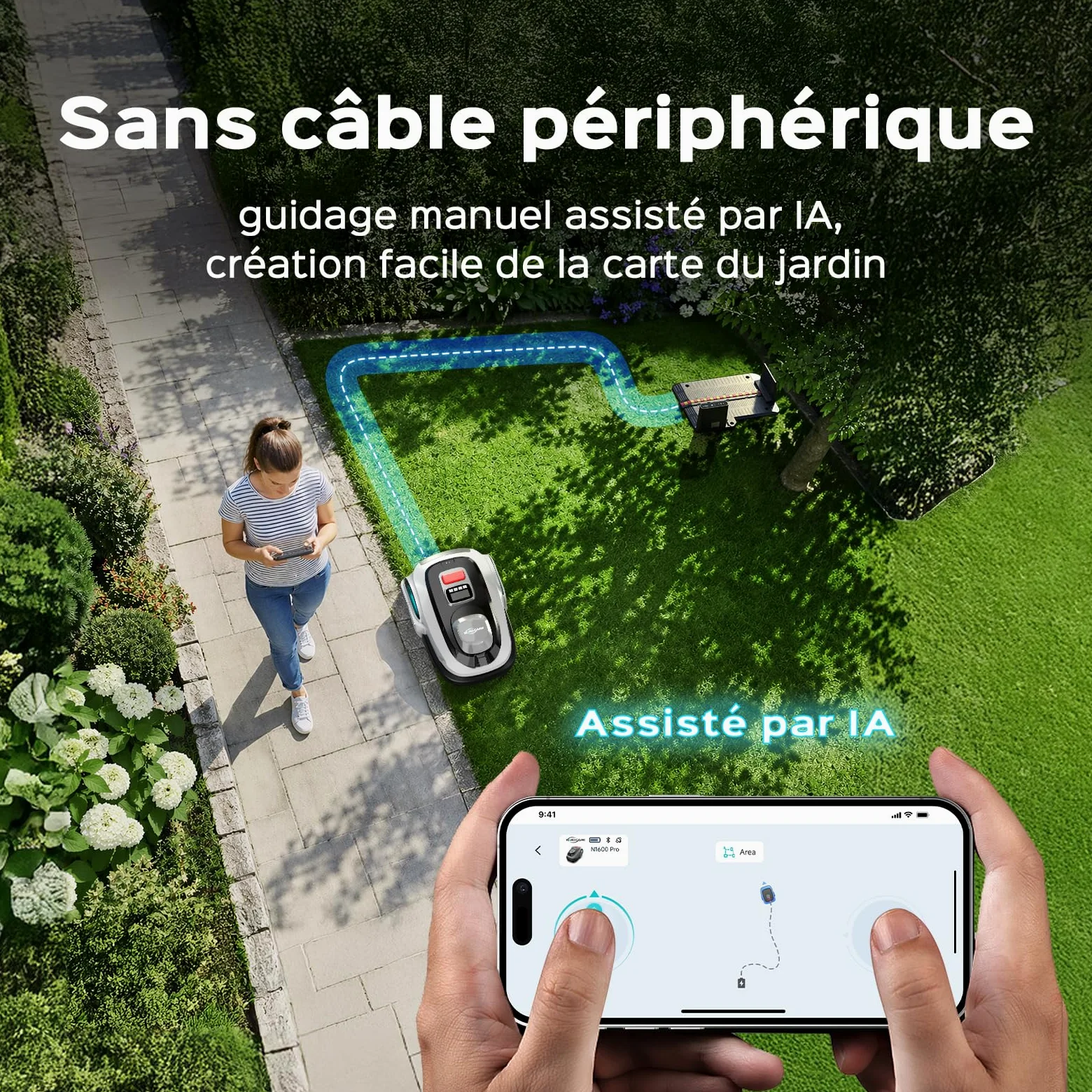 YARDCARE N1600PRO Robot Tondeuse sans câble périphérique, jusqu'à 1600 m², Navigation RTK et Vision IA, détection de Plus de 300 Obstacles, Tonte en U, APP Gestion Multi-Zones et Hauteur 20–60 mm