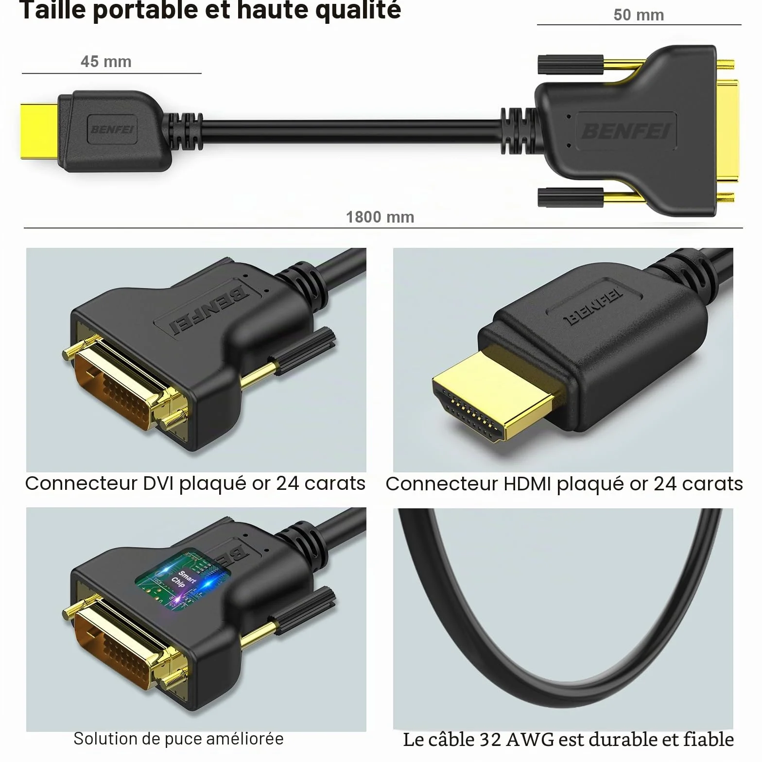 BENFEI Câble HDMI vers DVI 1,8 m bidirectionnel DVI-D 24+1 mâle vers HDMI mâle Adaptateur Haute Vitesse 1080P Full HD