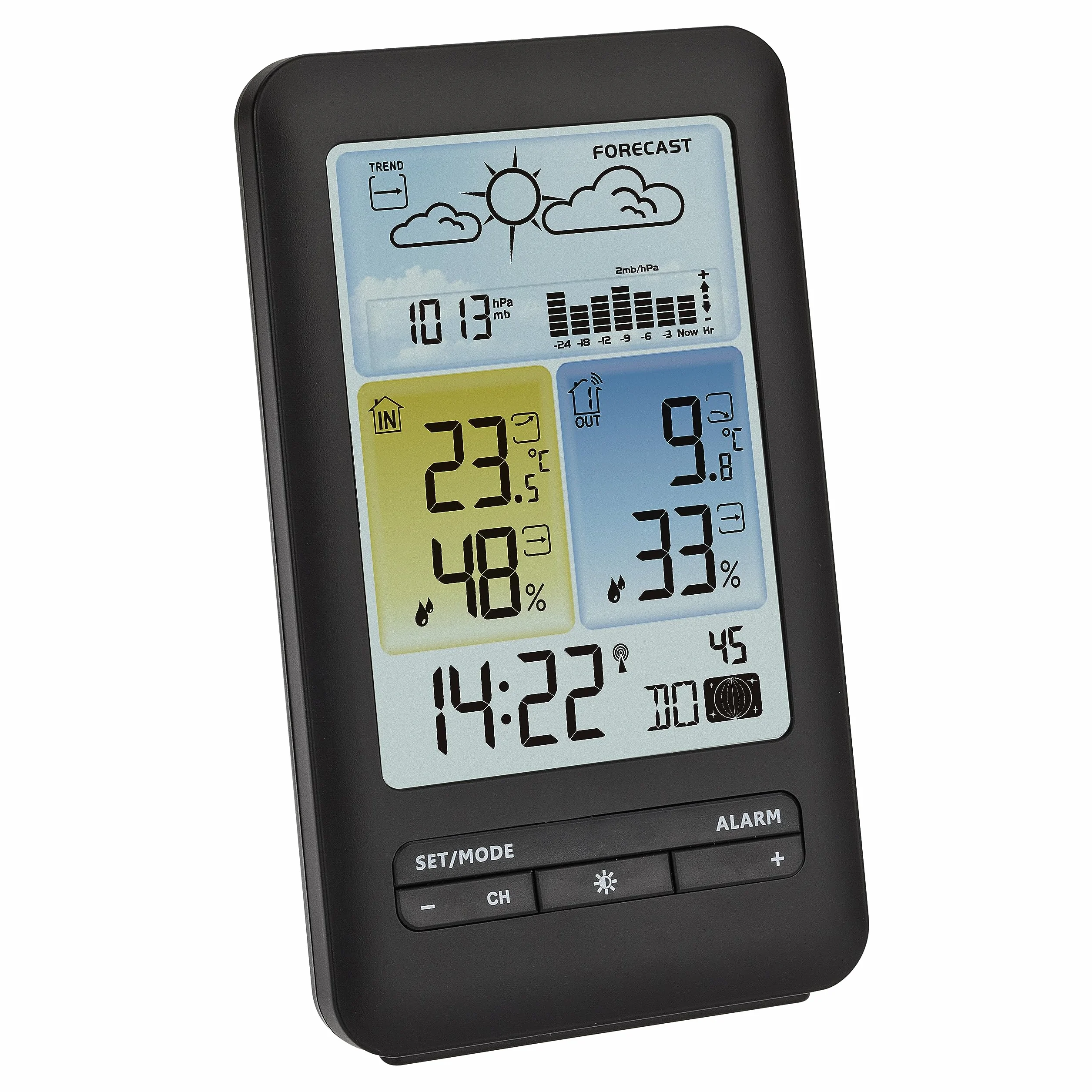 TFA Dostmann Station météo sans fil, 35.1165.01, prévisions météo avec symboles, pression atmosphérique avec graphique, phase de lune, horloge, valeurs max et min, en exclusivité sur Amazon, noir