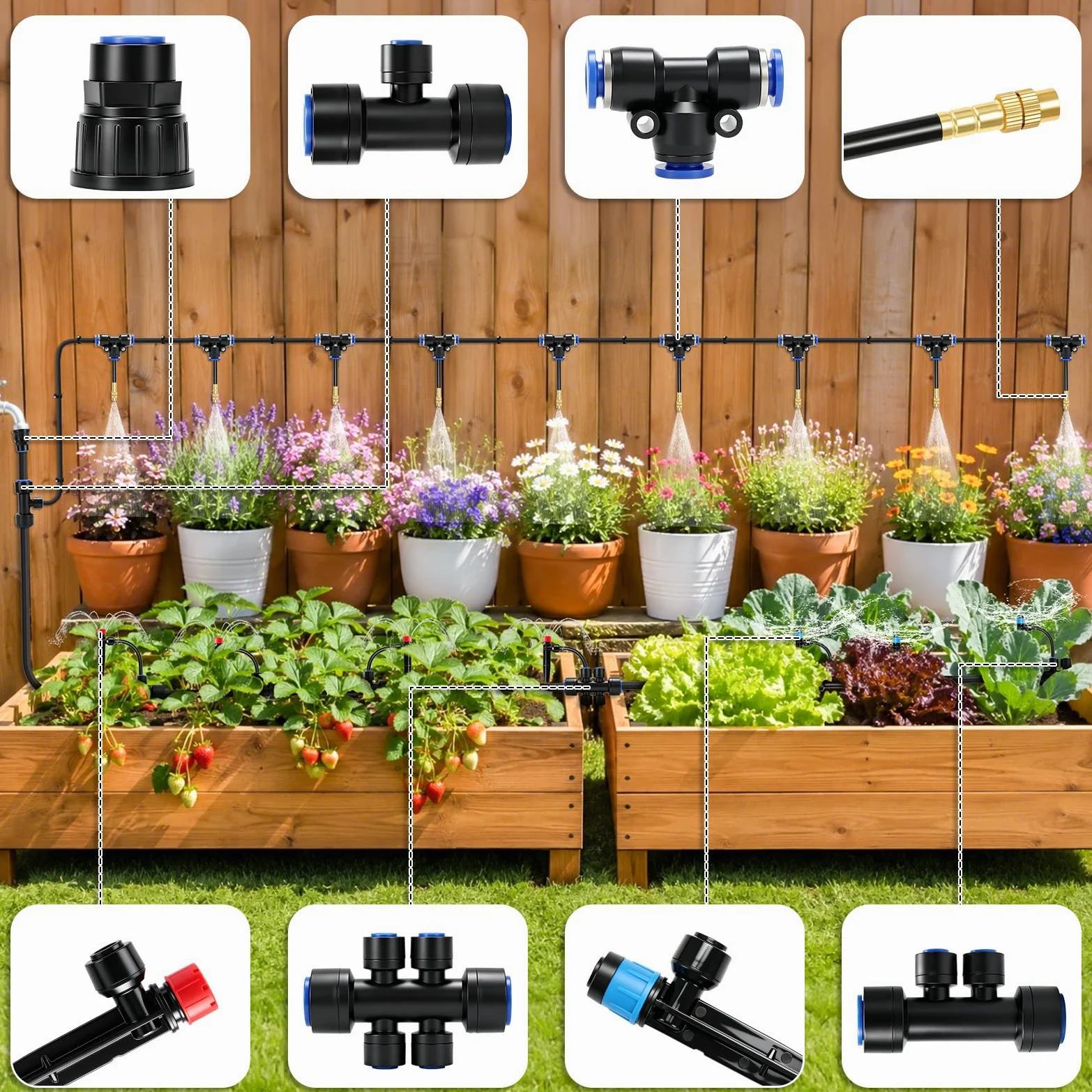 Système d'arrosage automatique à 360° pour jardin - 30 m - 20 émetteurs avec piquet + 10 buses en cuivre réglables - Arrosage goutte à goutte 12 mm + 6 mm - Système de refroidissement au brouillard