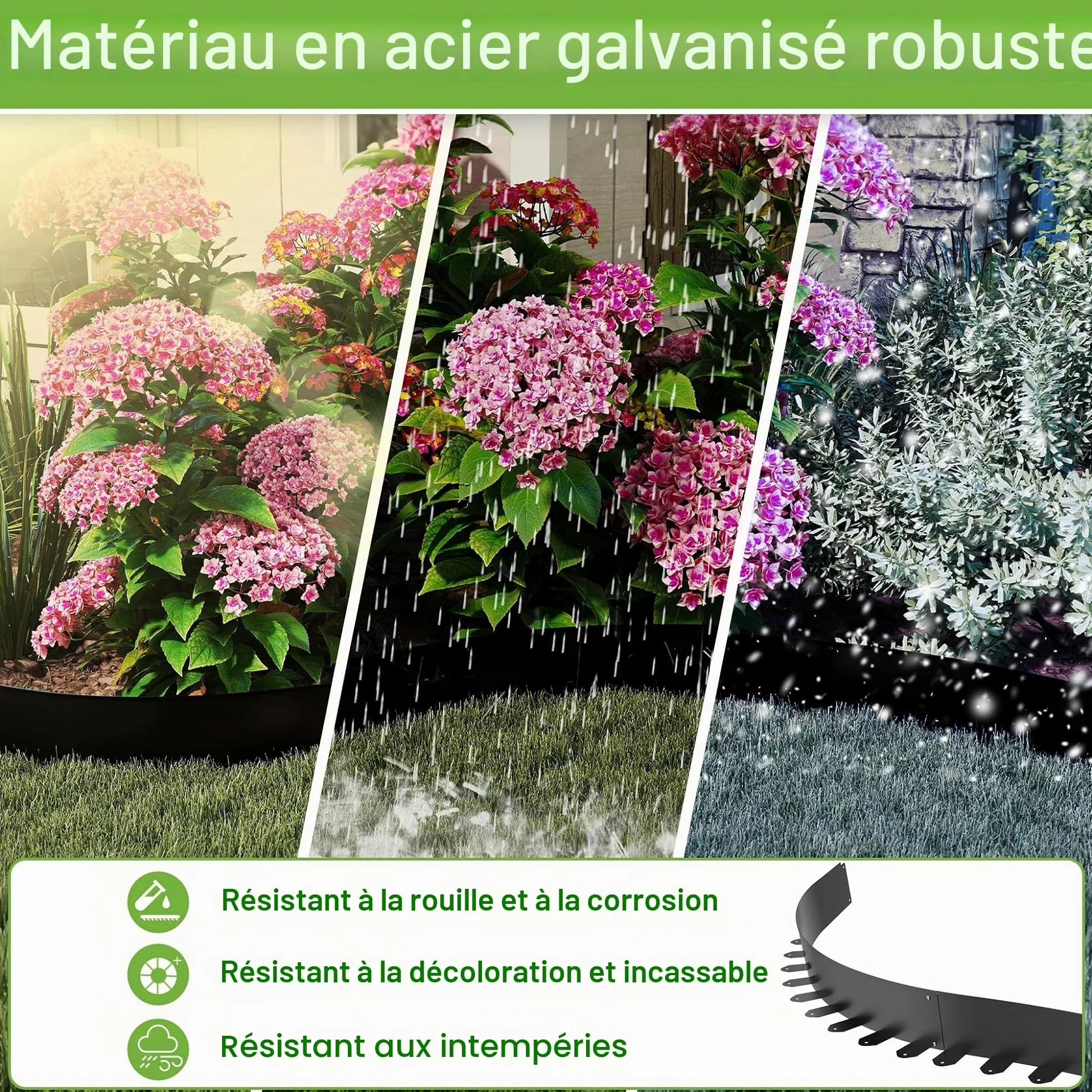 FIVMEN Lot de 10 bordures de pelouse en métal galvanisé avec 50 piquets d'ancrage - délimitation flexible de parterre - Noir - 100 x 10 cm
