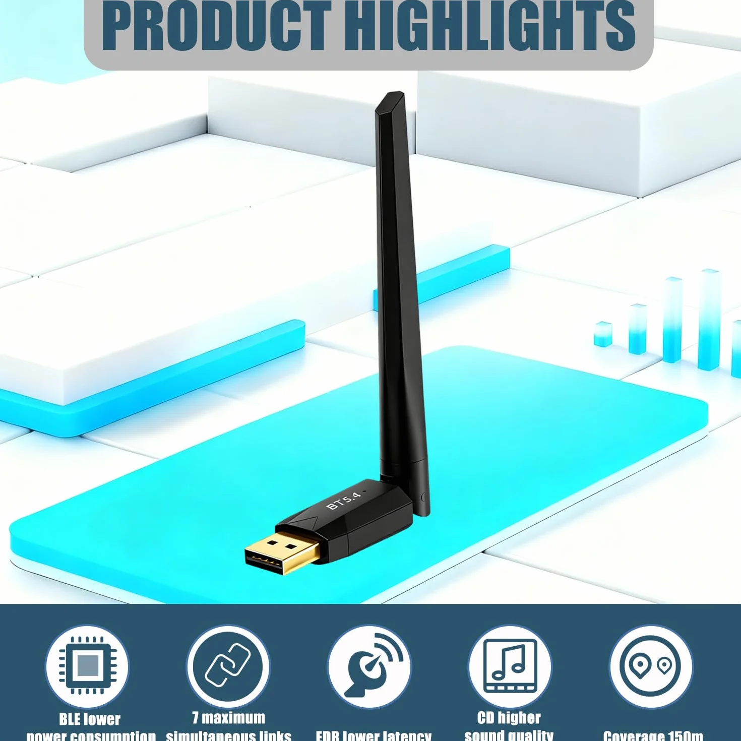 Clé USB Bluetooth 5.4 pour PC, Portée 150 Mètres, Compatible Windows 11/10/8.1, 7 Appareils