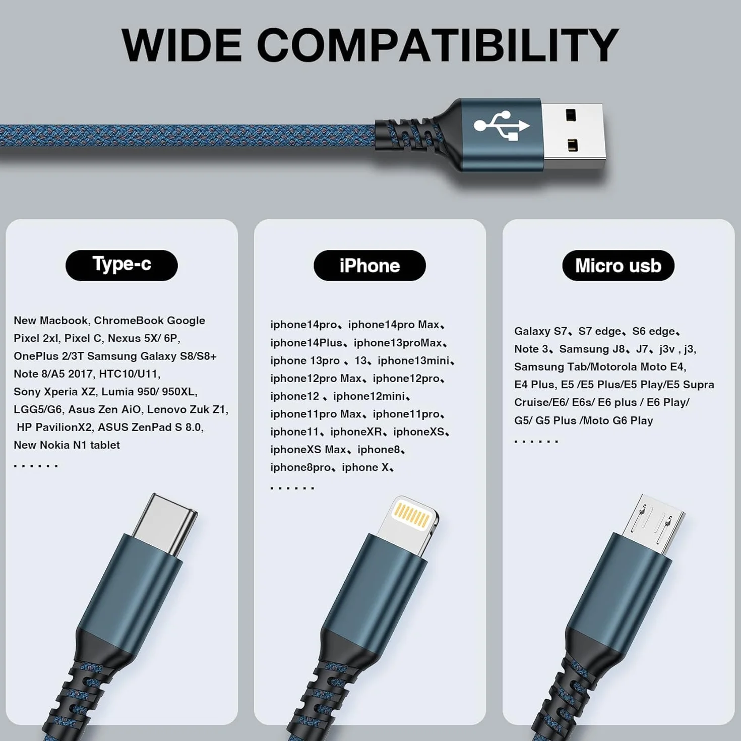 Câble Chargeur Multi Embout 3 en 1 Universel 1.2M Lot de 3 avec Lightning USB C Micro Connecteur pour iPhone 13 12 11 XS Galaxy S21 S20 Huawei P30 P20