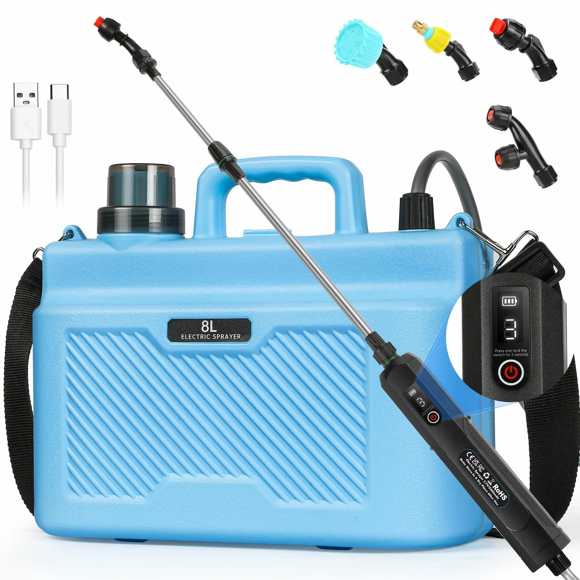 Pulverisateur Electrique 8L, 5V/2400mAh Pulverisateur de Jardin à 3 Niveaux de Pression, Pulverisateur avec 4 Buses Réglables & Perche Télescopique, Pulverisateur a Pression pour Arrosage