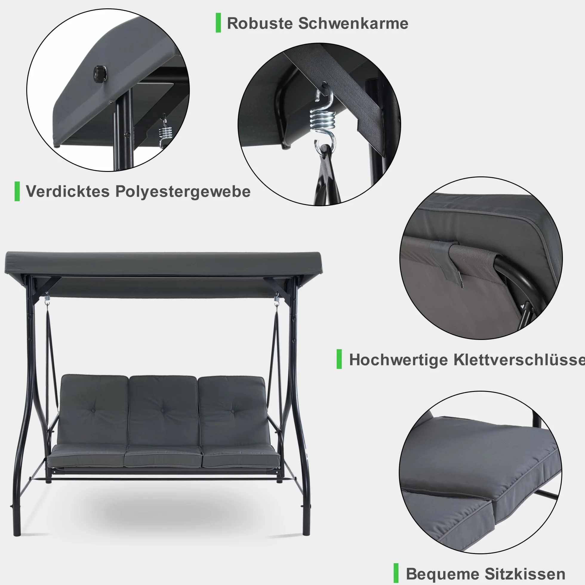 Balancelle Hollywoodienne 3 Places avec Fonction de Couchage et Toit Réglable, Résistante aux Intempéries, Gris Foncé