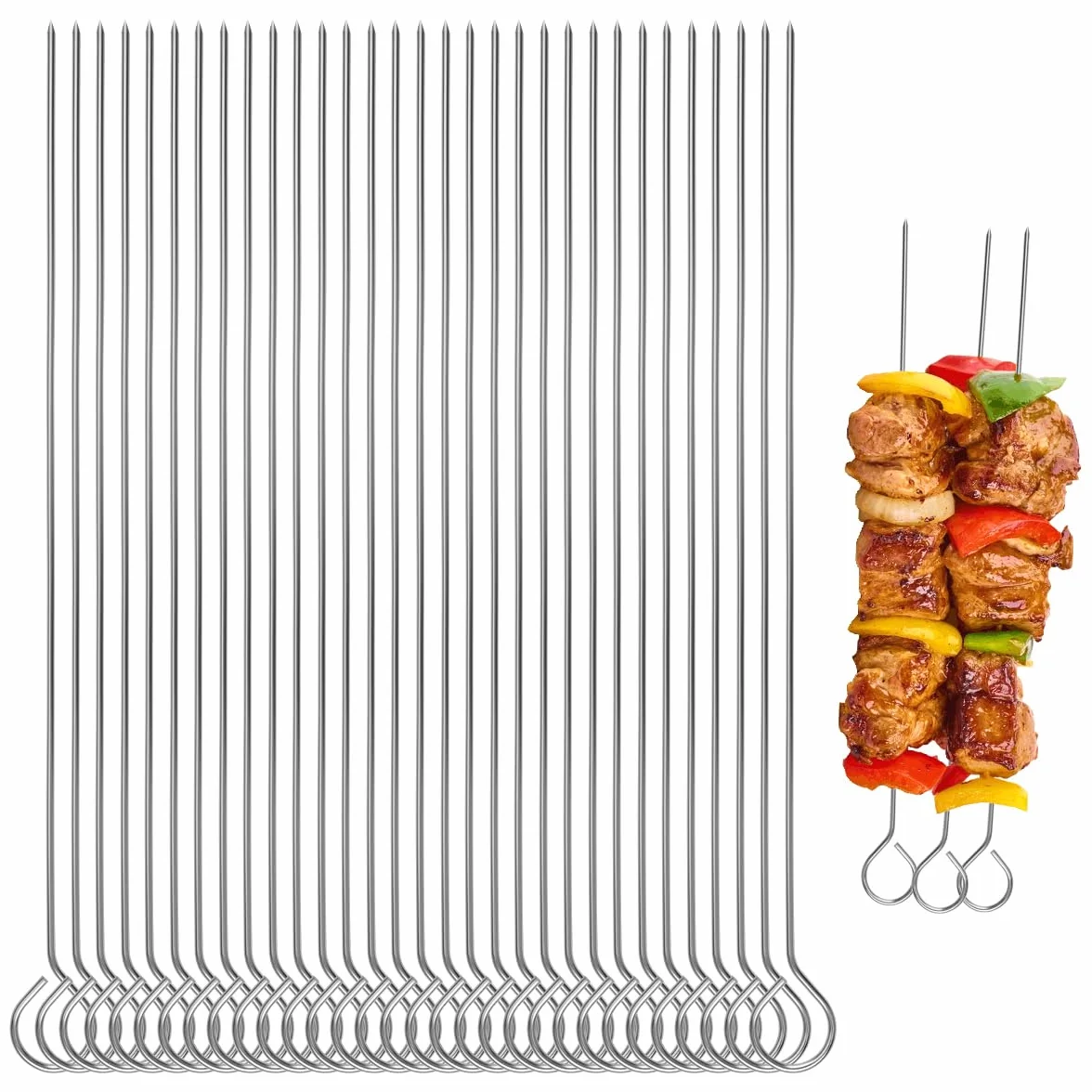 Brochettes en Acier Inoxydable 25 cm, Pique a Brochette Réutilisables, Aiguilles à Roulade pour Barbecue, Bœuf, Poisson