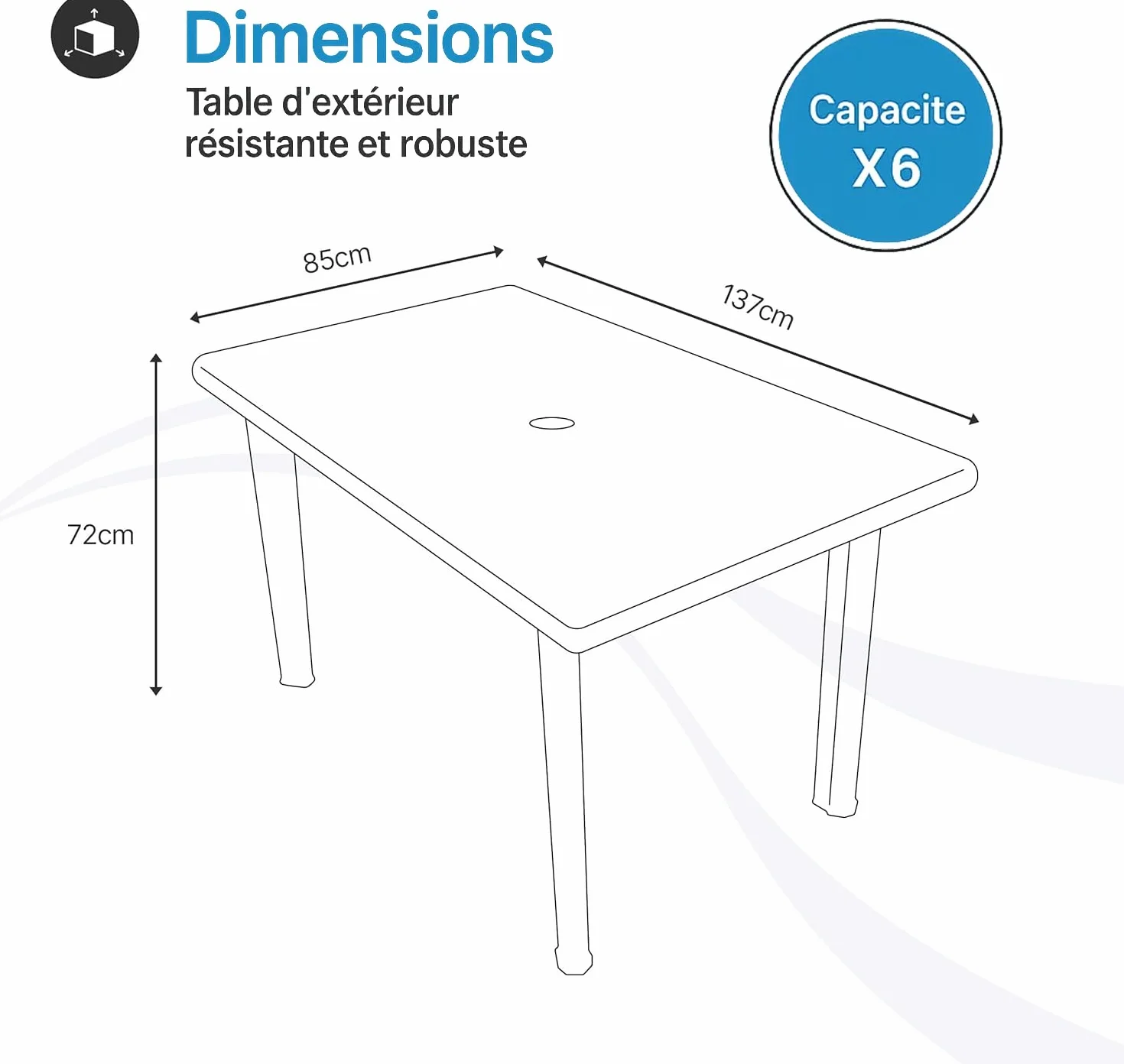 Tomaino Table de jardin carrée en plastique pour 6 places avec trou pour parasol