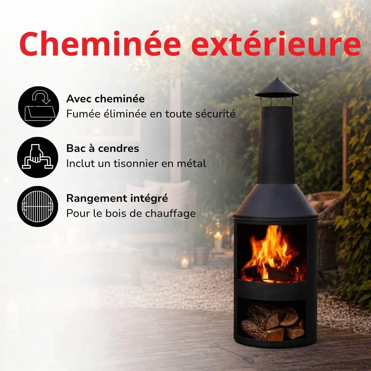BBQ Collection Brasero 134 x 44,5 cm - Incinerateur de Jardin sur Pied - Decoration Jardin et Terrasse Exterieur - avec Cheminée - Rangement de Bois - Acier au Carbone