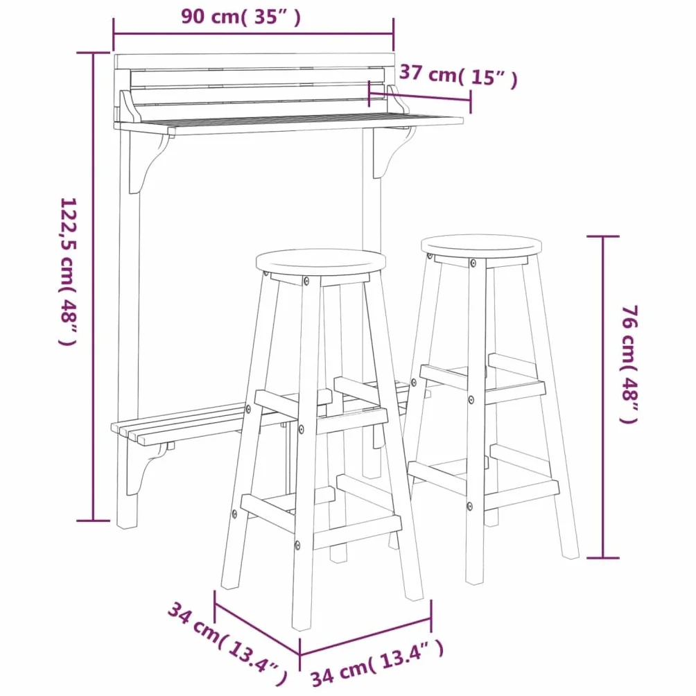 vidaXL Ensemble de Bar de Balcon 3 pcs Mobilier de Patio Bois d'Acacia Massif