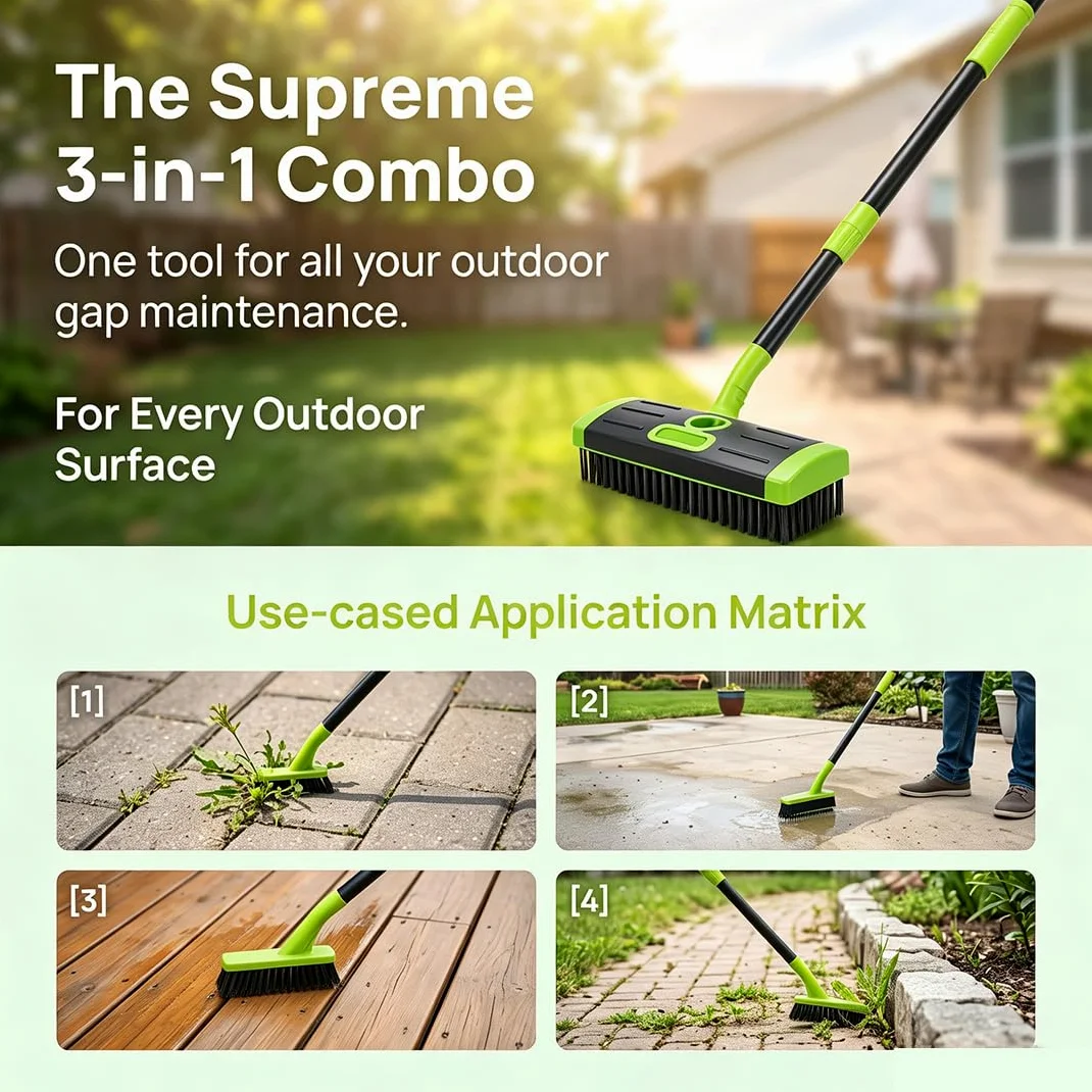 Brosse Désherbante de Terrasse 3-en-1 avec Manche Télescopique 80-140 cm, Brosse de Pavage en Fil d'acier, Grattoir à Joints et Balai pour Pavés, Allées, Terrasses (Orange)