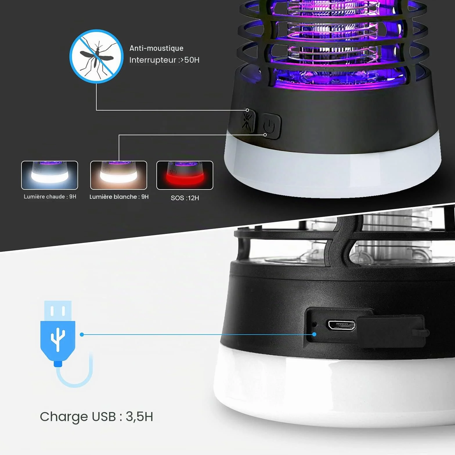 Lampe Anti Moustique Rechargeable 3 en 1 IP66 2200mAh USB Piège à Moustiques pour Intérieur et Extérieur