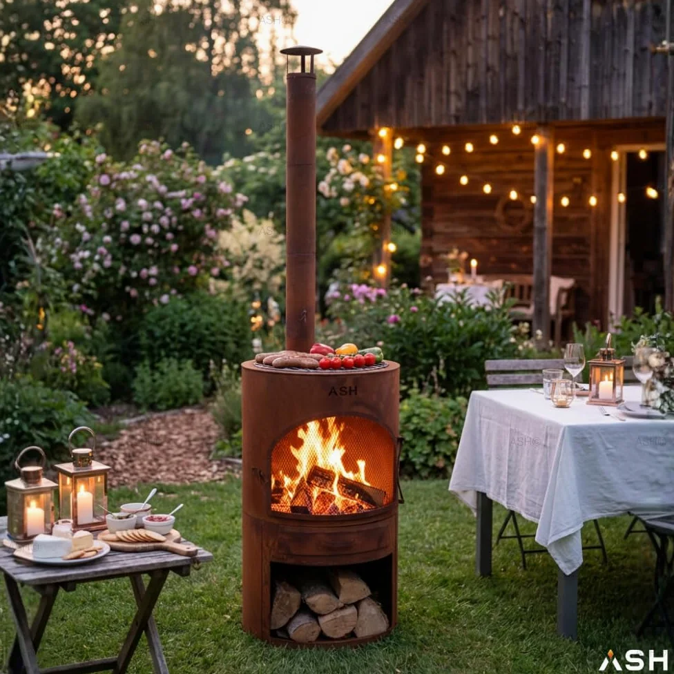Foyer de terrasse - Poêle à bois - Barbecue - Chauffage de terrasse - Cheminée de jardin avec cheminée - Acier Corten - Ash Sunset