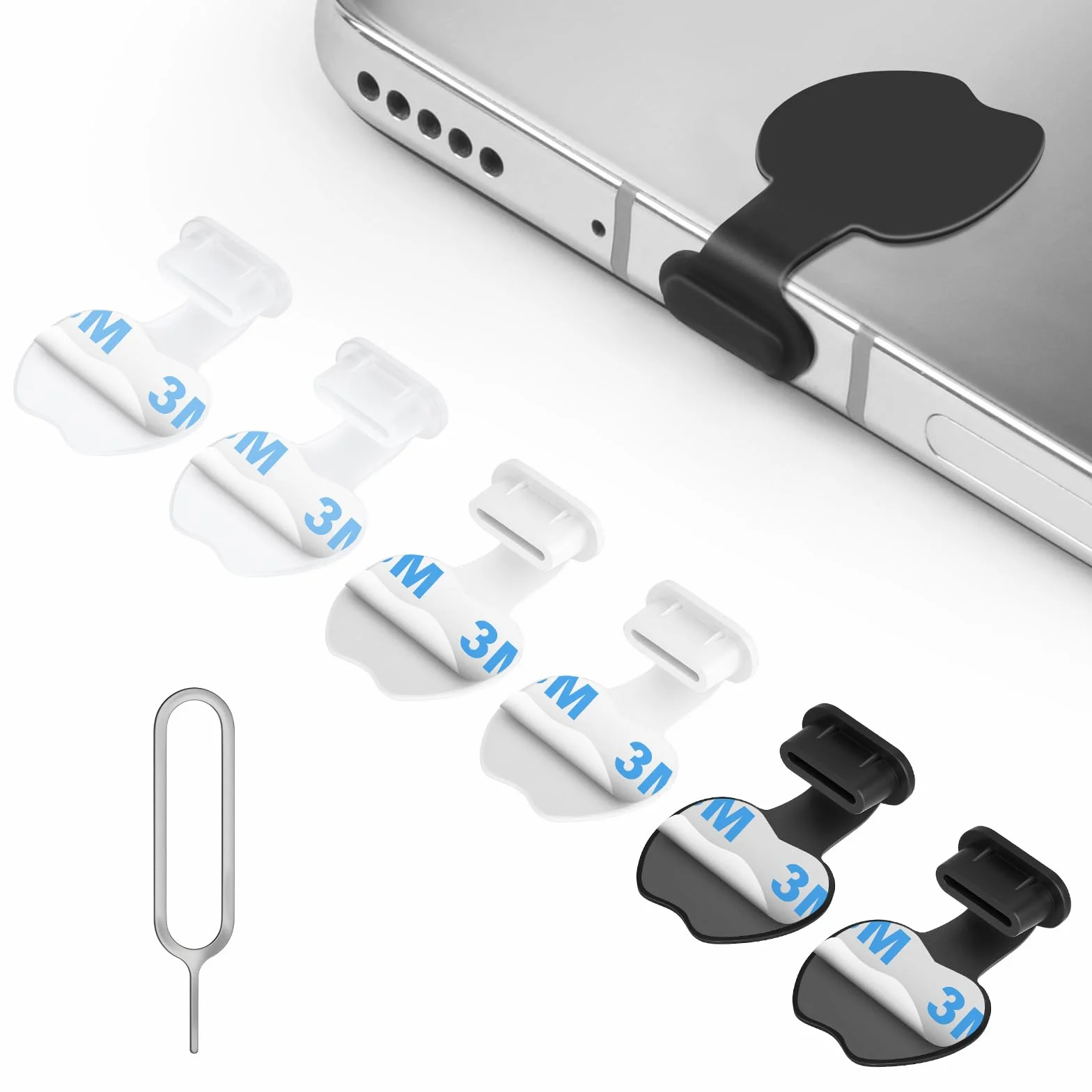 Kit Poussière de Téléphone Silicone pour Prise Adhésive Lot de 6 Caches Anti-poussière Type C Noir Blanc Transparent