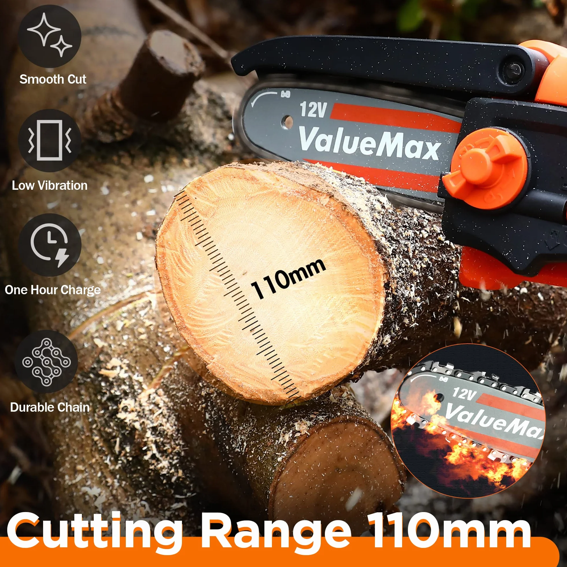 ValueMax Mini Tronconneuse a Batterie 4 Pouces | 12V Tronçonneuse Électrique Sans Fil Portable et 2 * 2000mAh Batteries pour les Branches d'arbres, l'élagage le Jardin