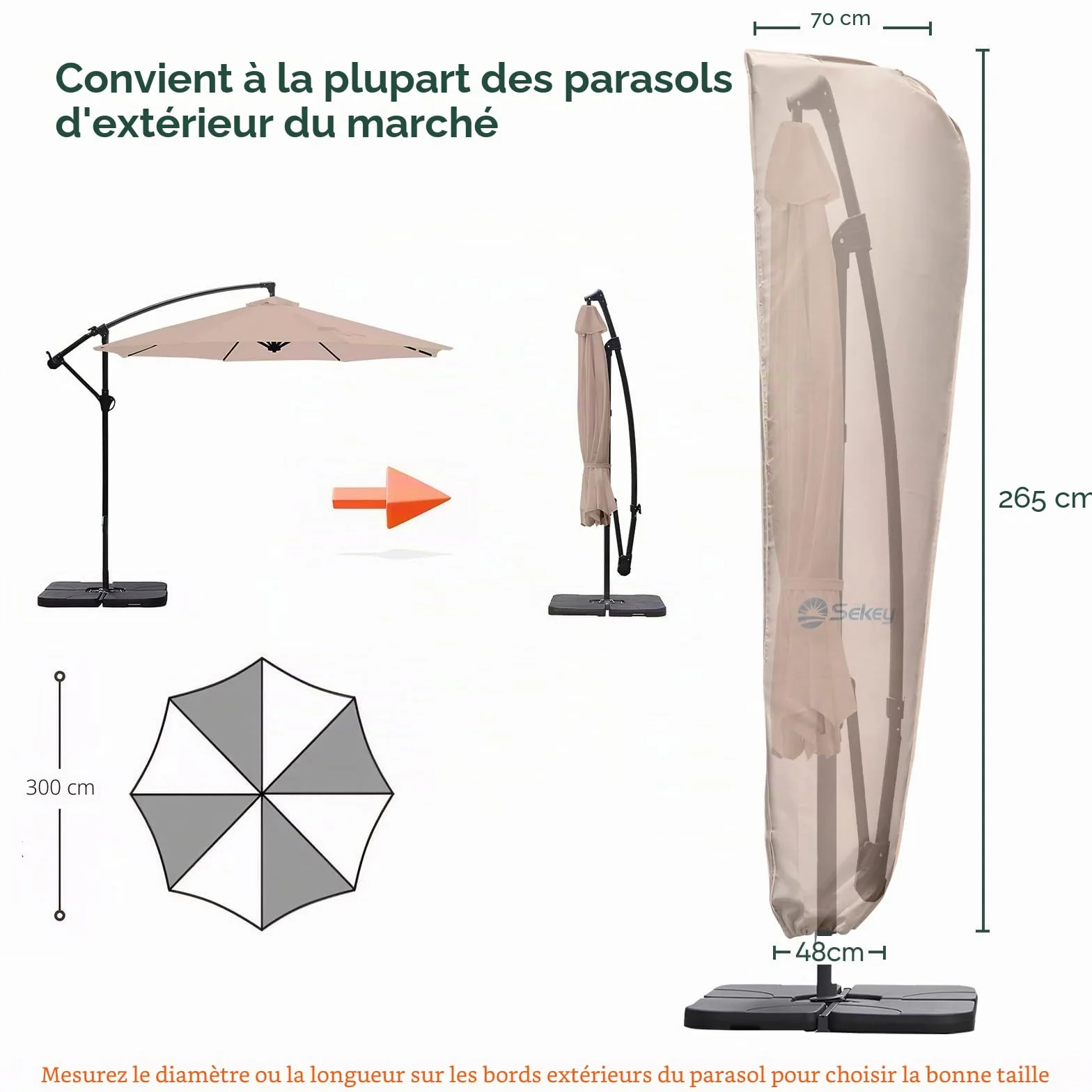 Sekey Parasol Capuchon de Protection 265×48/70 cm Polyester 100% Etanche Résistant aux UV