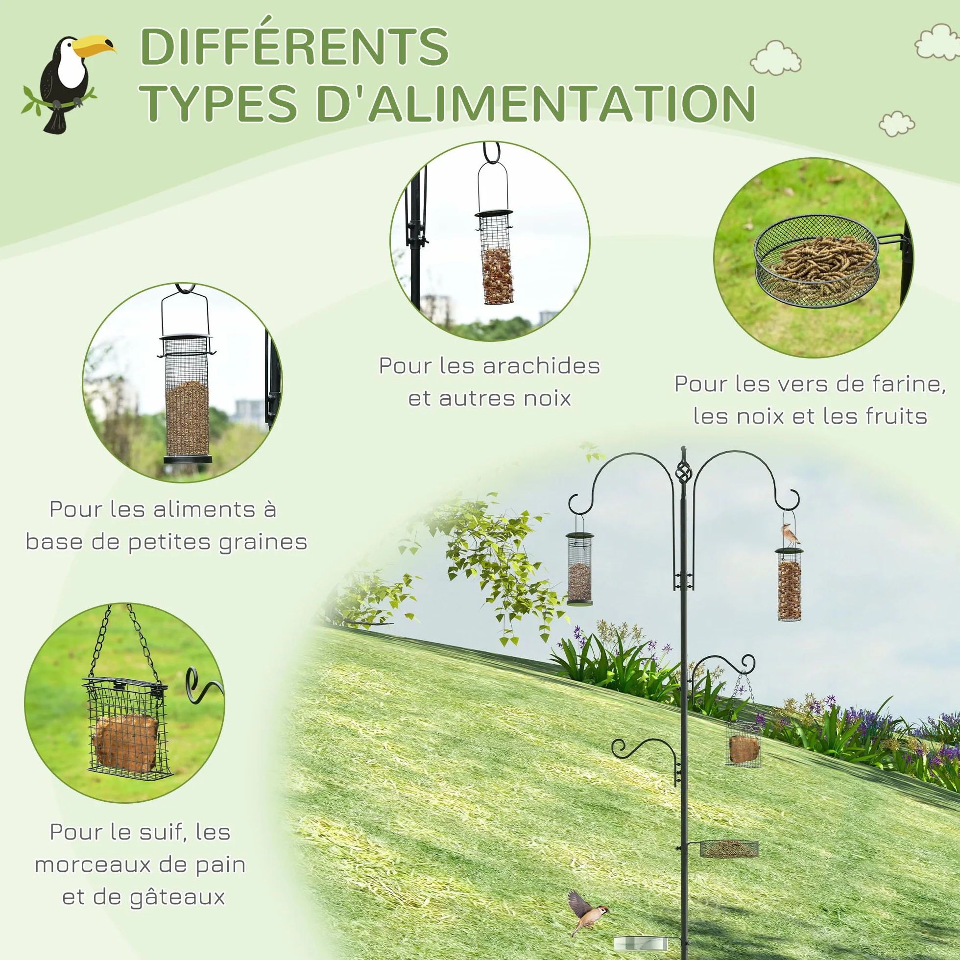 PawHut Station d'alimentation pour Oiseaux en Acier avec 4 Crochets, Mangeoir sur Pied 208H cm, Noir