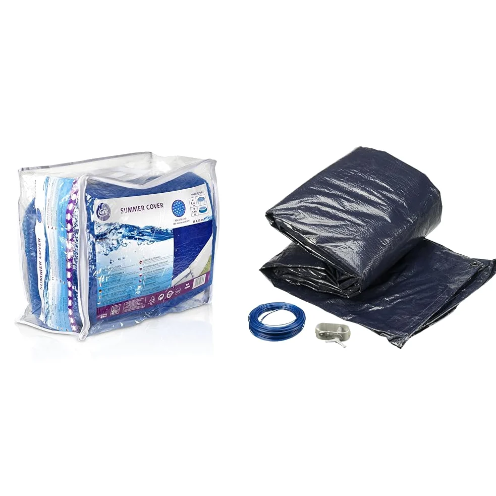 Gre CV450 - Bâche d'été pour Piscine Ronde de 450 à 460 cm de diamètre, Couleur Bleue & GBC GRE CIPR451 Bâche Hiver pour Piscine Ronde ø460, Noir, 120 g/m²
