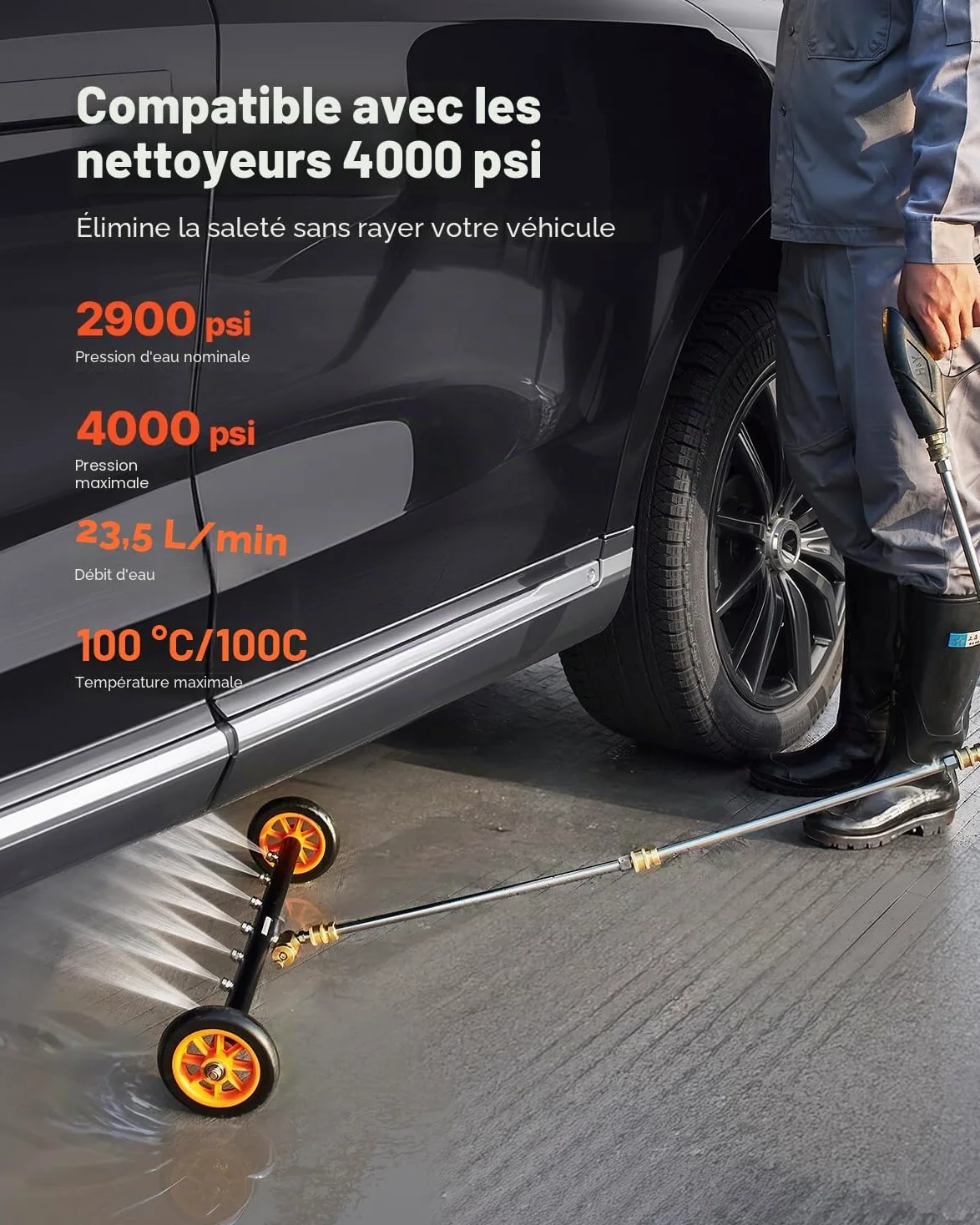 VEVOR Nettoyeur de Surface pour Nettoyeur Haute Pression 590 mm, Accessoire Nettoyeur Sol en Acier INOX sur Roues, 275 Bar Max. mécanisme de réglage d'angle 7 Buses pulvérisation 2 tiges d'extension