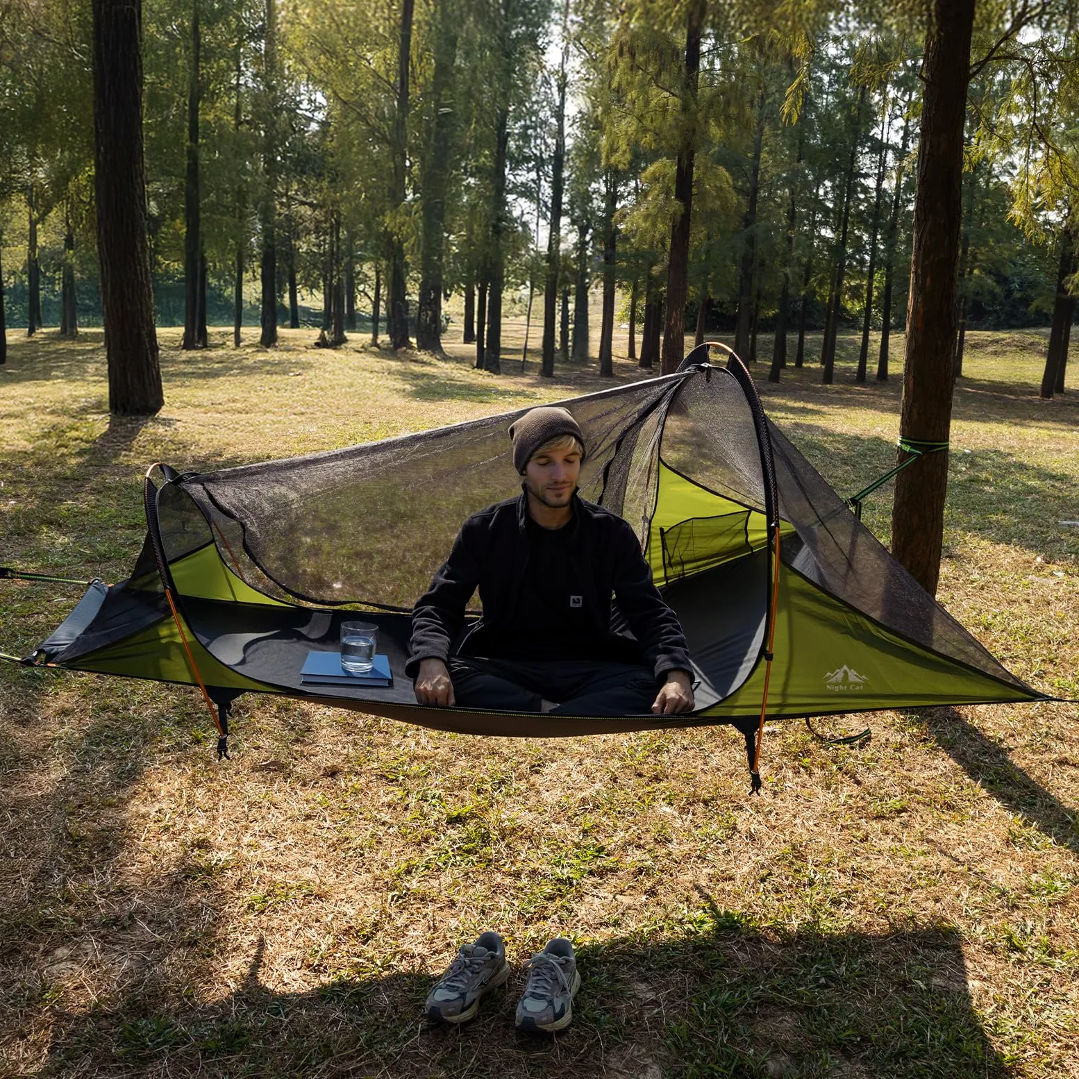 Night Cat Camping Hamac Tente: 1 Personne Fond Plat Hamac avec Moustiquire imperméable pour Bivouac Randonnée Jardin
