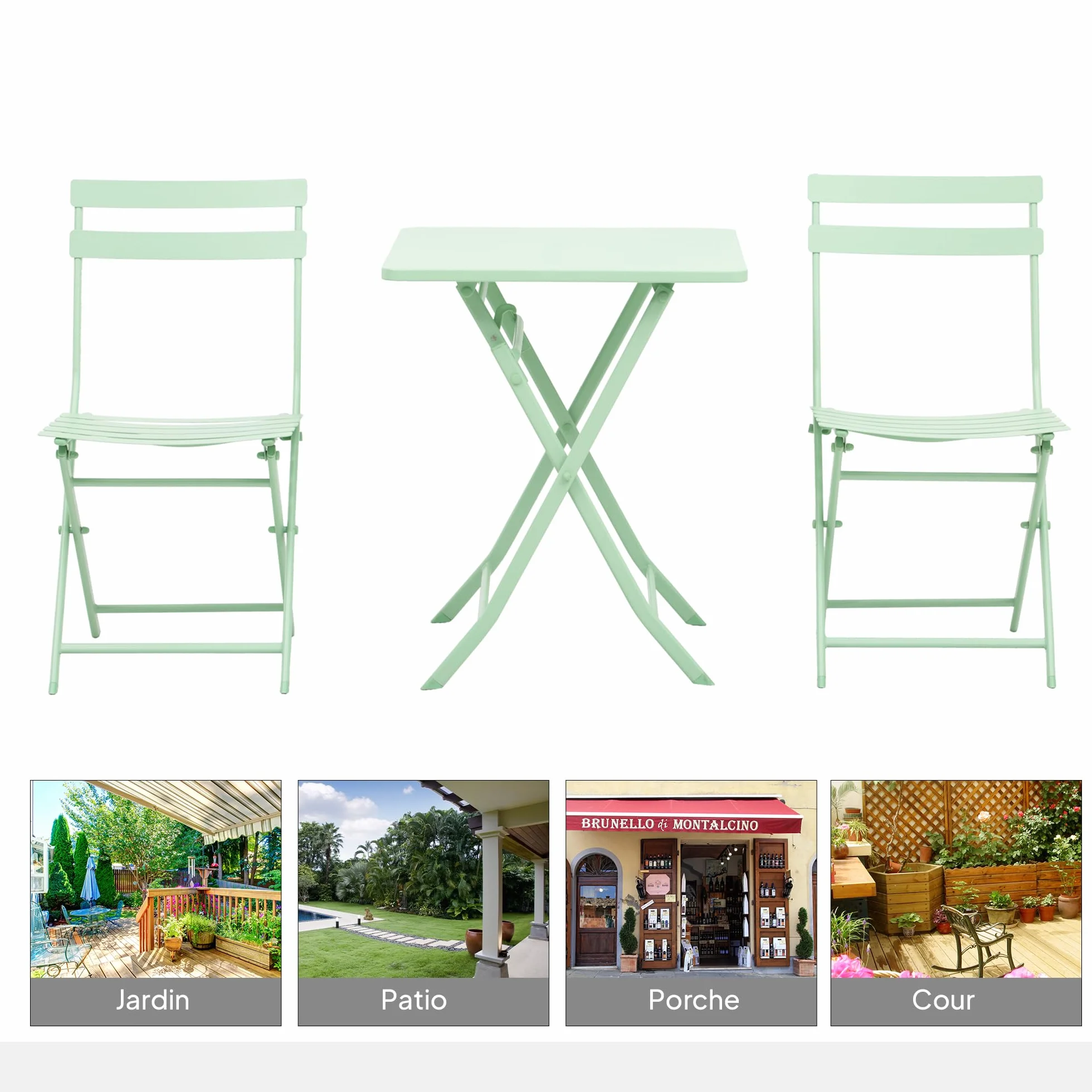 Outsunny Salon de Jardin Bistro Pliable Table Carrée 60x60x71 cm Métal Thermolaqué Vert d'Eau avec 2 Chaises