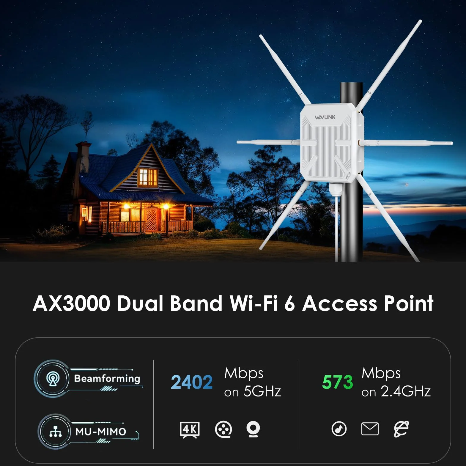 Répéteur WiFi Extérieur Wavlink AX3000 WiFi 6 Antenne 360° Longue Portée Mesh PoE IP67