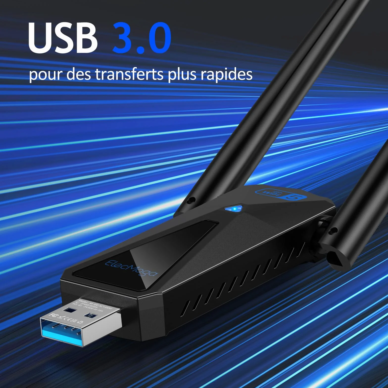 ElecMoga Clé WiFi 1300Mbps USB 3.0 Dual Band 2.4GHz/5GHz Antenne 2x5dBi Compatible Windows 11/10/8/7/Vista/XP Mac Linux