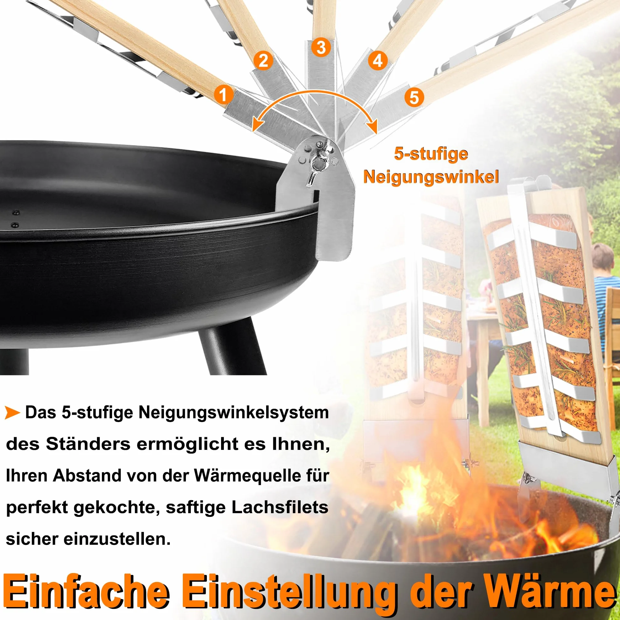 LZQ Lot de 4 planches à saumon flambé avec support en acier inoxydable 5 niveaux réglables