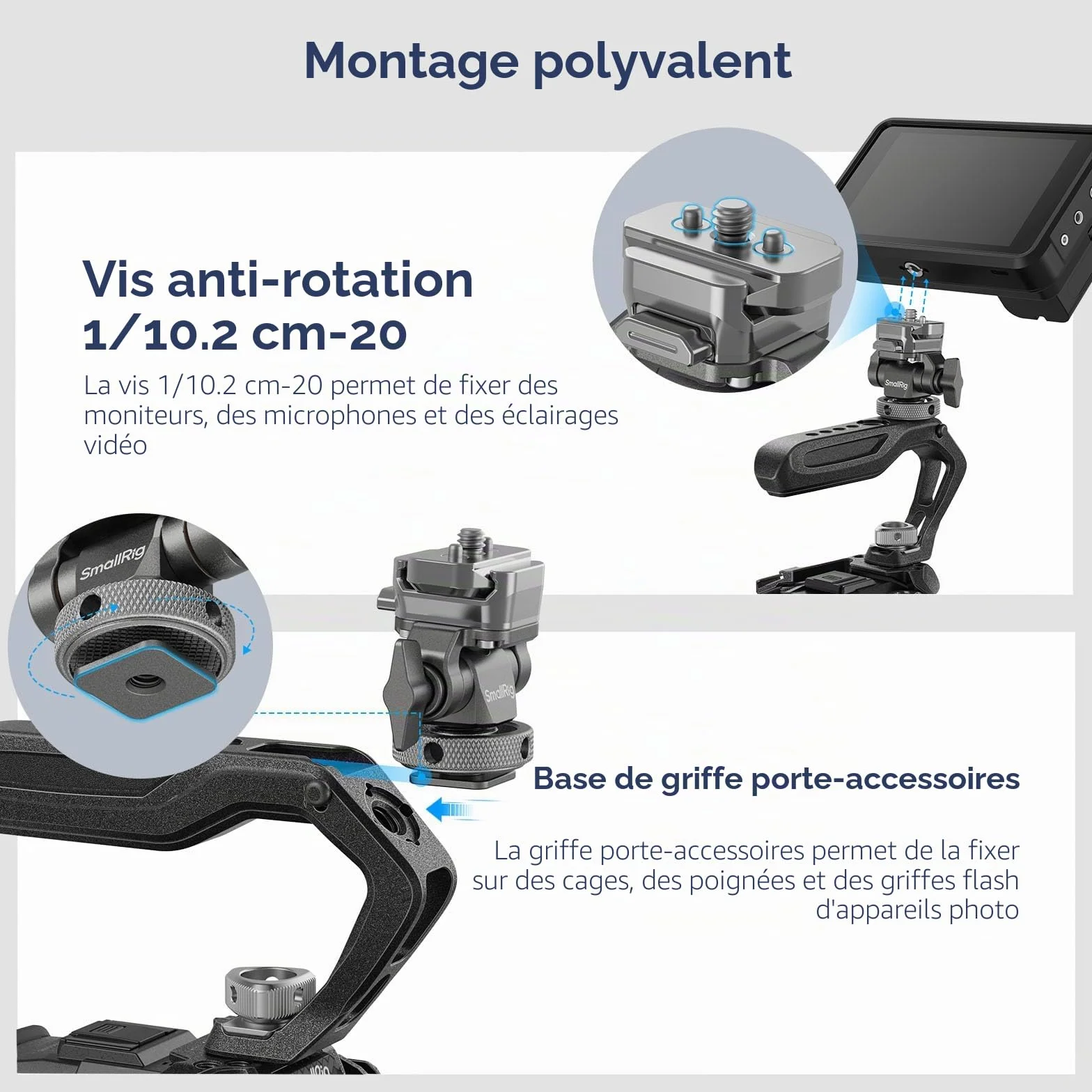SMALLRIG HawkLock H21 Support de moniteur à dégagement rapide avec griffe froide, pivotant et inclinable réglable