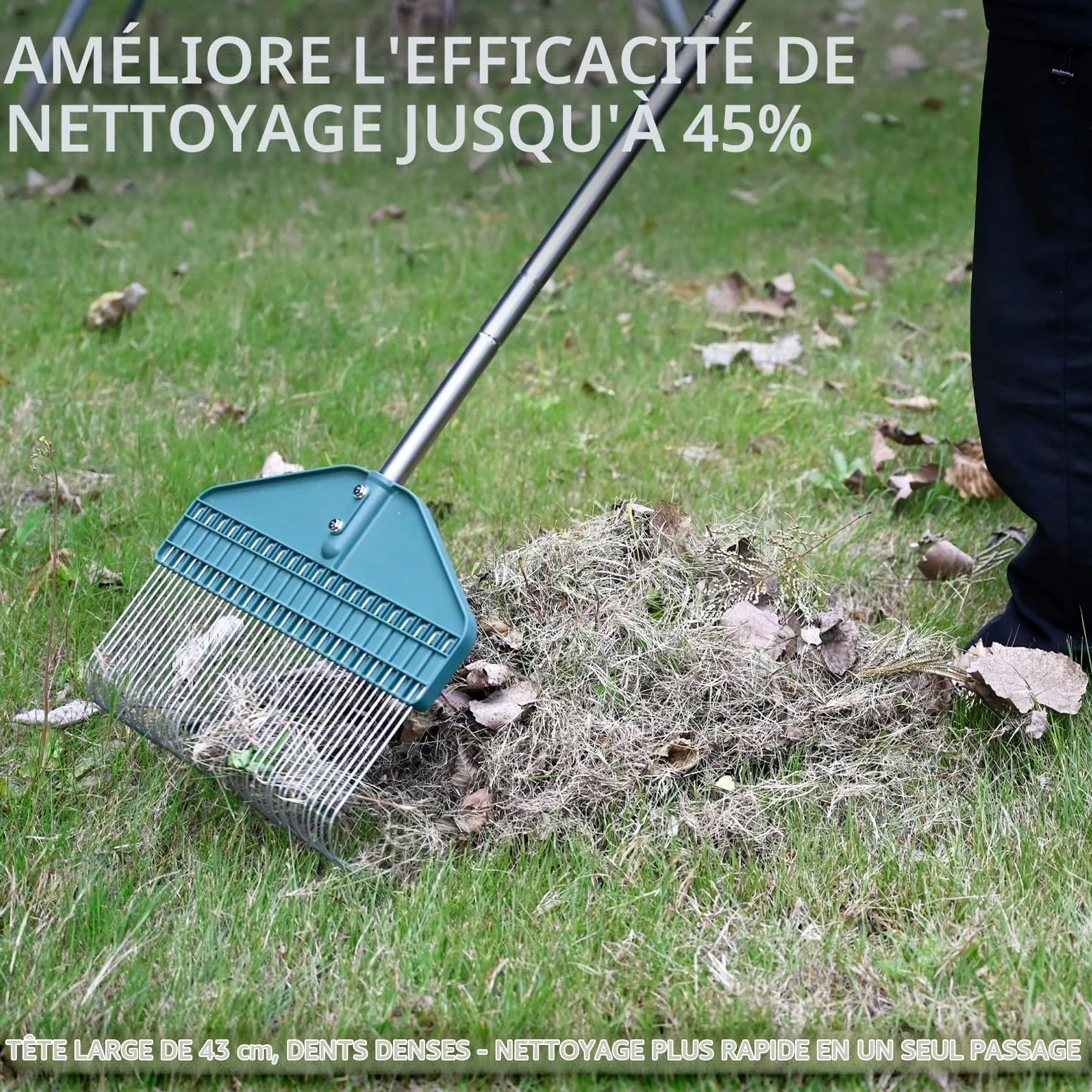 YEELOR Râteau à gazon, râteau pour feuilles, râteau de jardin avec tête de 43,2 cm – Poignée en acier inoxydable de 167,6 cm pour cour, pelouse, arbuste, parterres de jardin, poulailler
