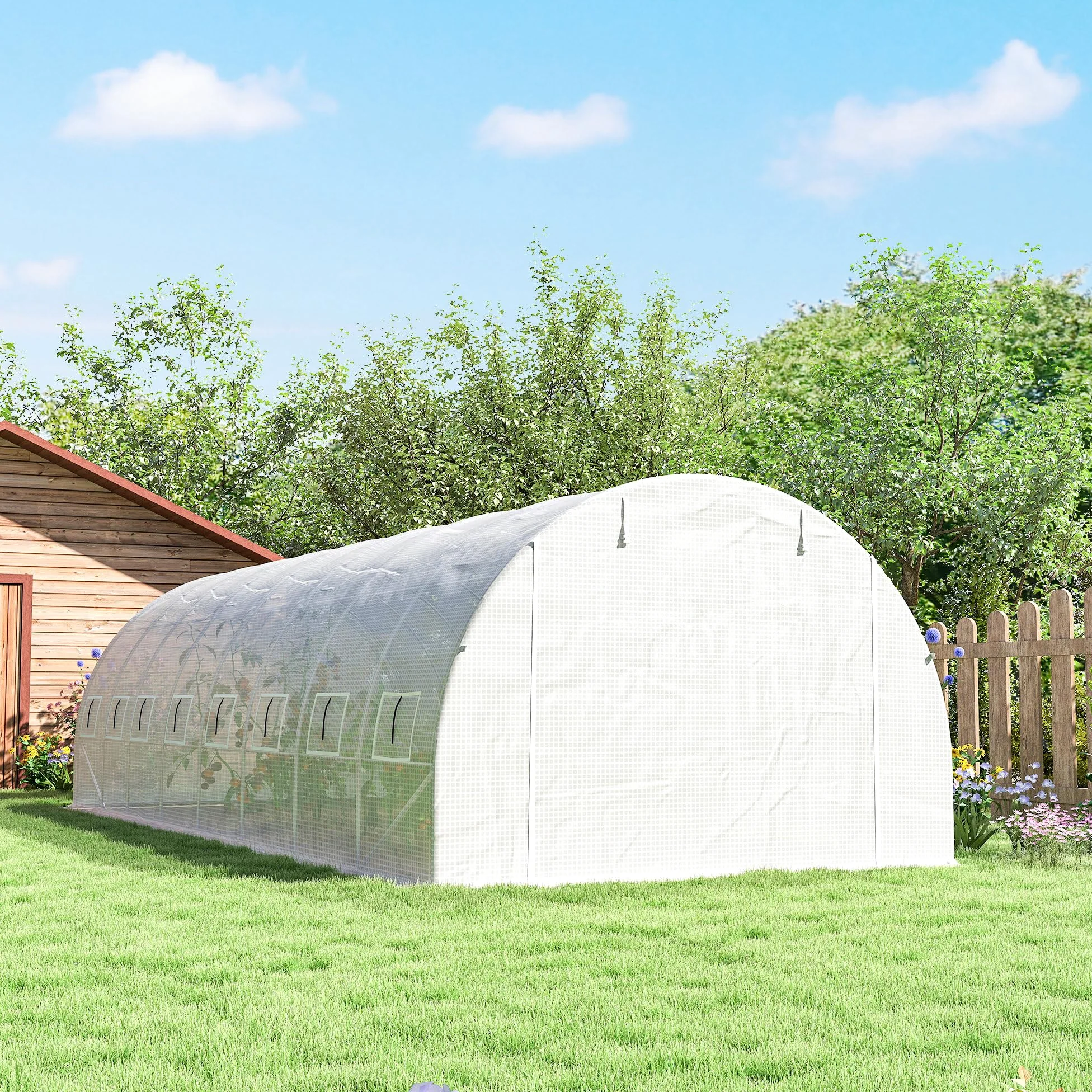 Outsunny Serre de Jardin Tunnel 24m² 8L x 3l x 2H m - 16 Fenêtres Blanc | Porte Zippée Enroulable, Châssis Tubulaire Acier Galvanisé, Bâche PE Haute Densité