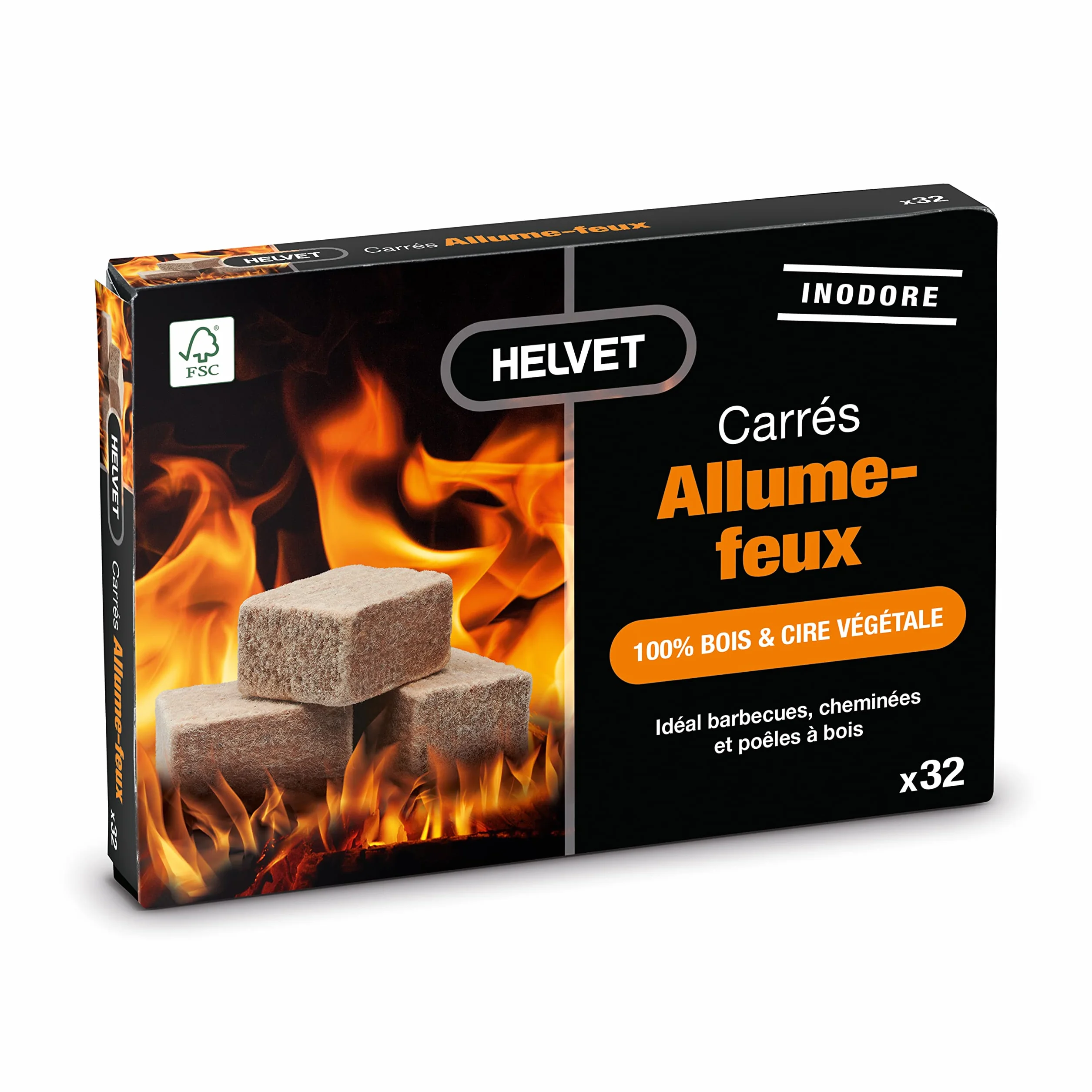 Helvet 32 Allume Feu Naturel pour Cheminée et Poele à Bois en Cube – Brûle 7 Minutes – Produit Ecologique 100% Bois & Cire Végétale