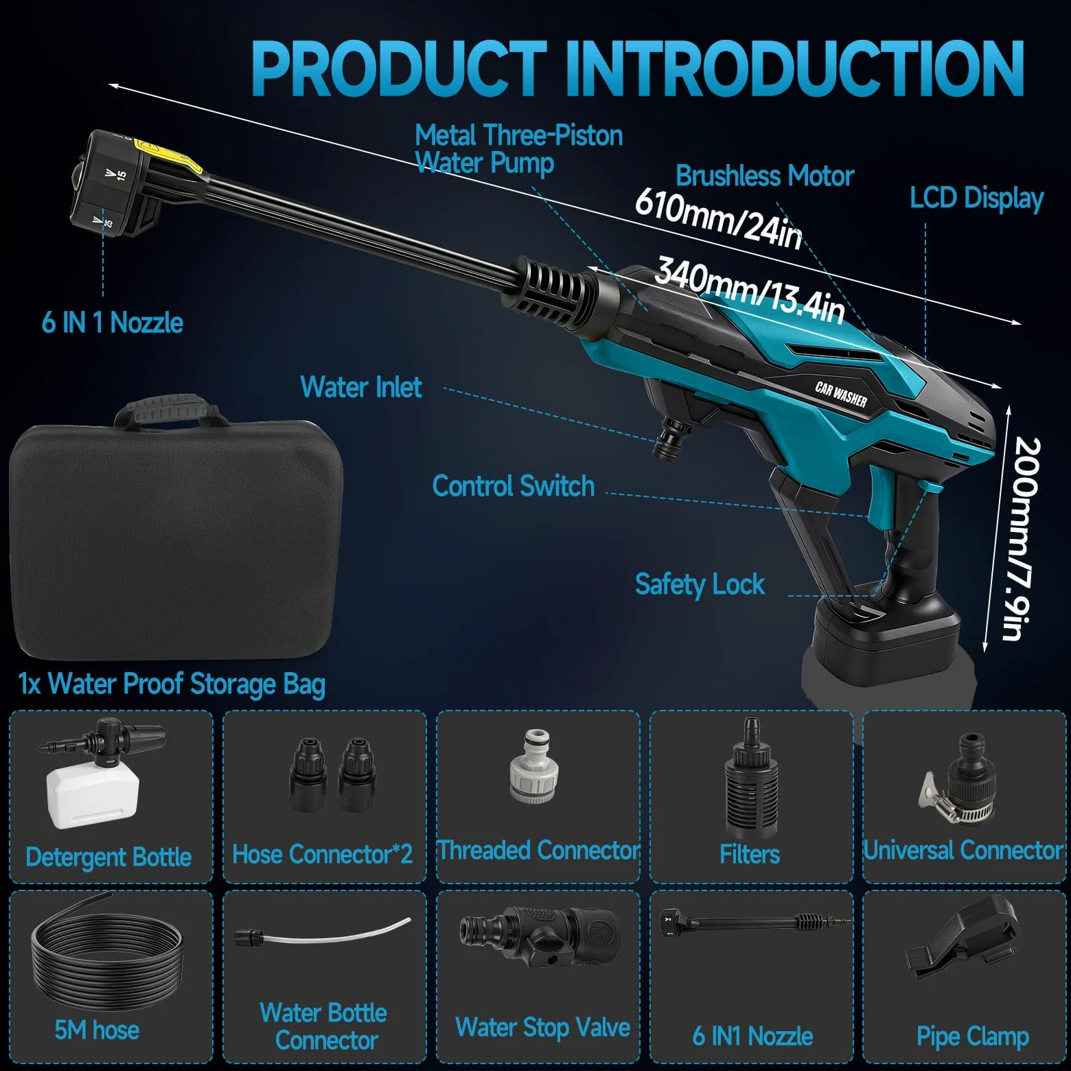 Nettoyeur haute pression sans fil compatible avec batterie Makita 18 V, pompe à eau à 3 pistons améliorée, 68 bar, nettoyeur haute pression portable sans balais avec buse 6 en 1, écran tactile