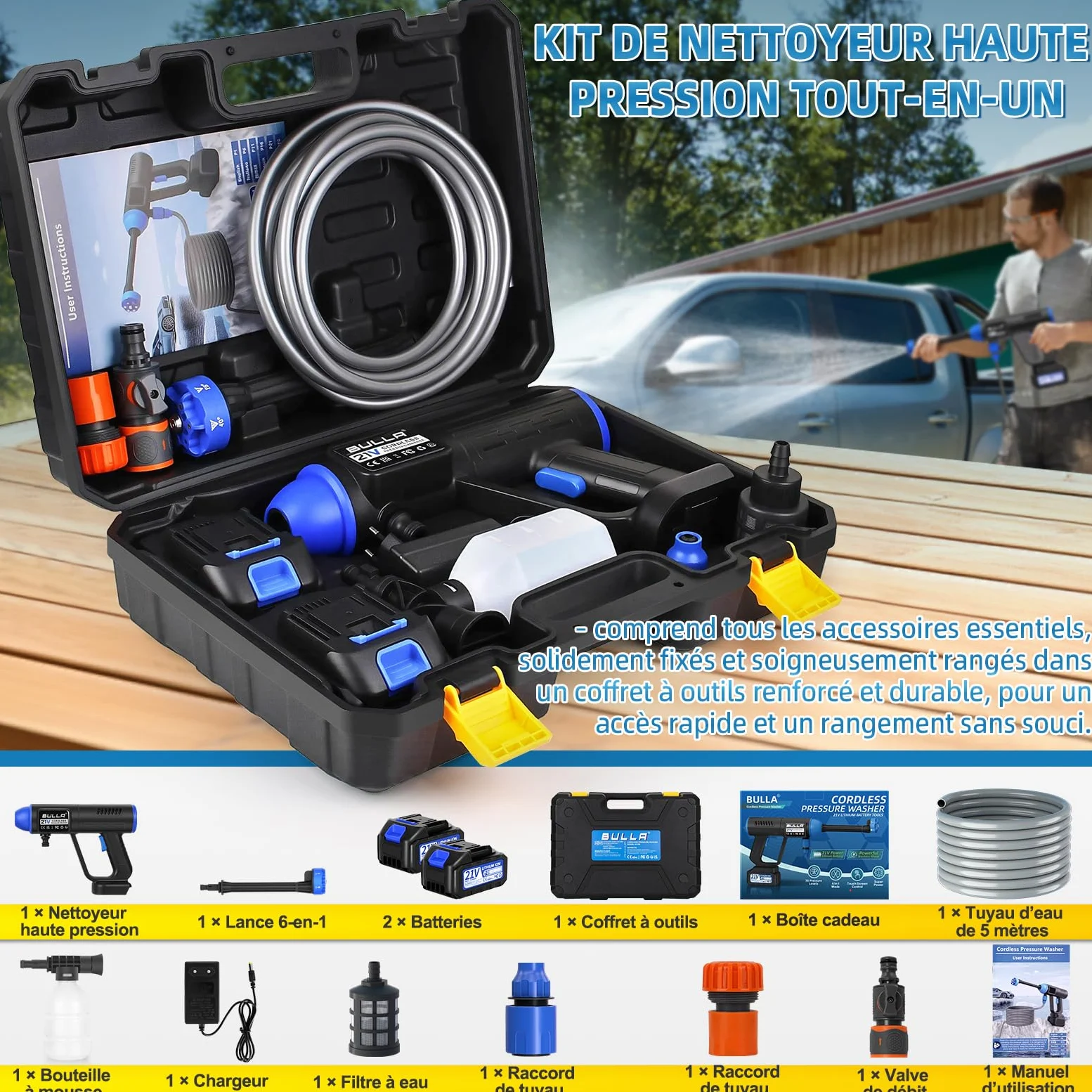 Nettoyeur Haute Pression sans Fil, Pistolet Haute Pression sur Batterie avec 30 Niveaux de Pression,Reglage Tactile Nettoyeur Haute Pression sur Batterie avec Buse 6 en 1