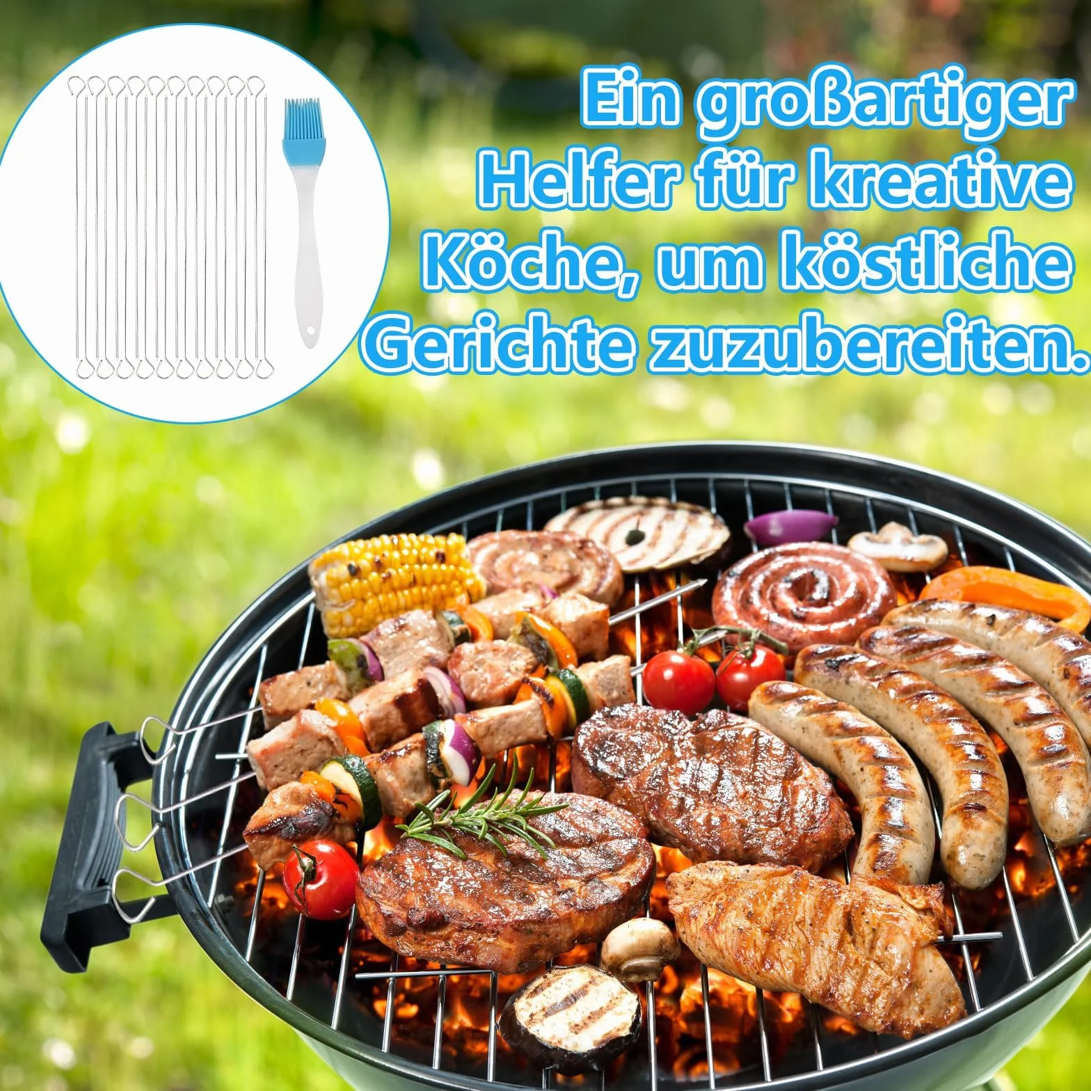 Pic a Brochette en Métal 30 cm avec Pinceau à Huile Silicone Bleu - Kit de Grillade pour Pique-nique et Camping