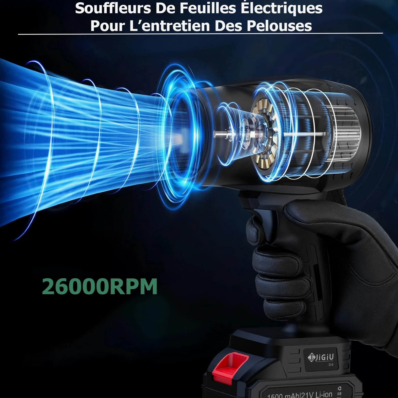 JiGiU Souffleur de Feuilles sans Fil 21V 26000 RPM | Mini Souffleur Portable pour Nettoyage Voiture, Terrasse, Garage, Jardin – Léger avec 2 Batteries Rechargeables
