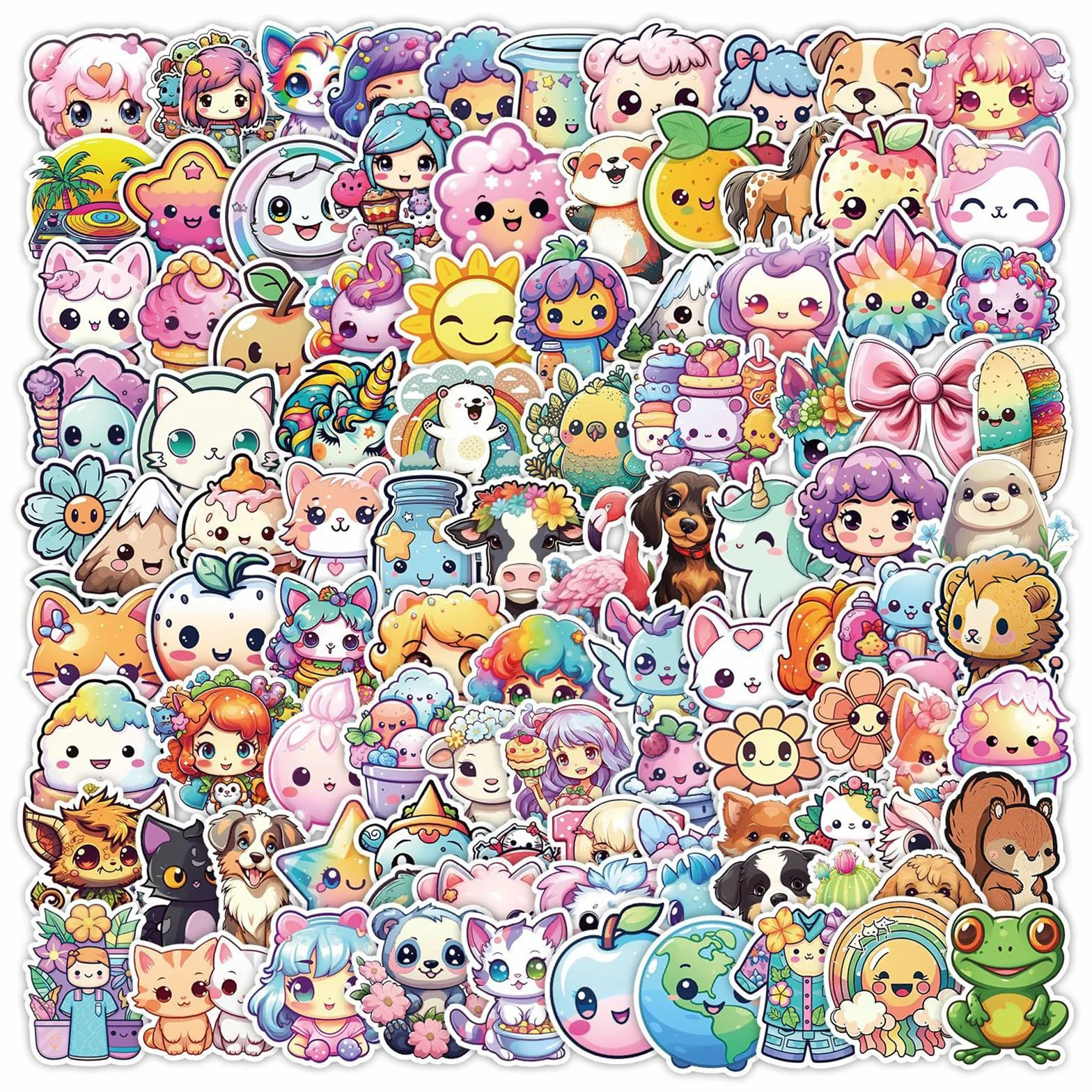 Autocollant Kawaii 100 Pièces Stickers Vinyle Étanche Enfant Animaux Drôles pour Bouteille Ordinateur Skate