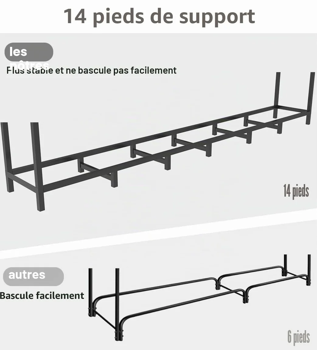 Range-bûches d'extérieur 2,4 m avec 14 pieds, étagère à bois résistant à la rouille, empilable réglable