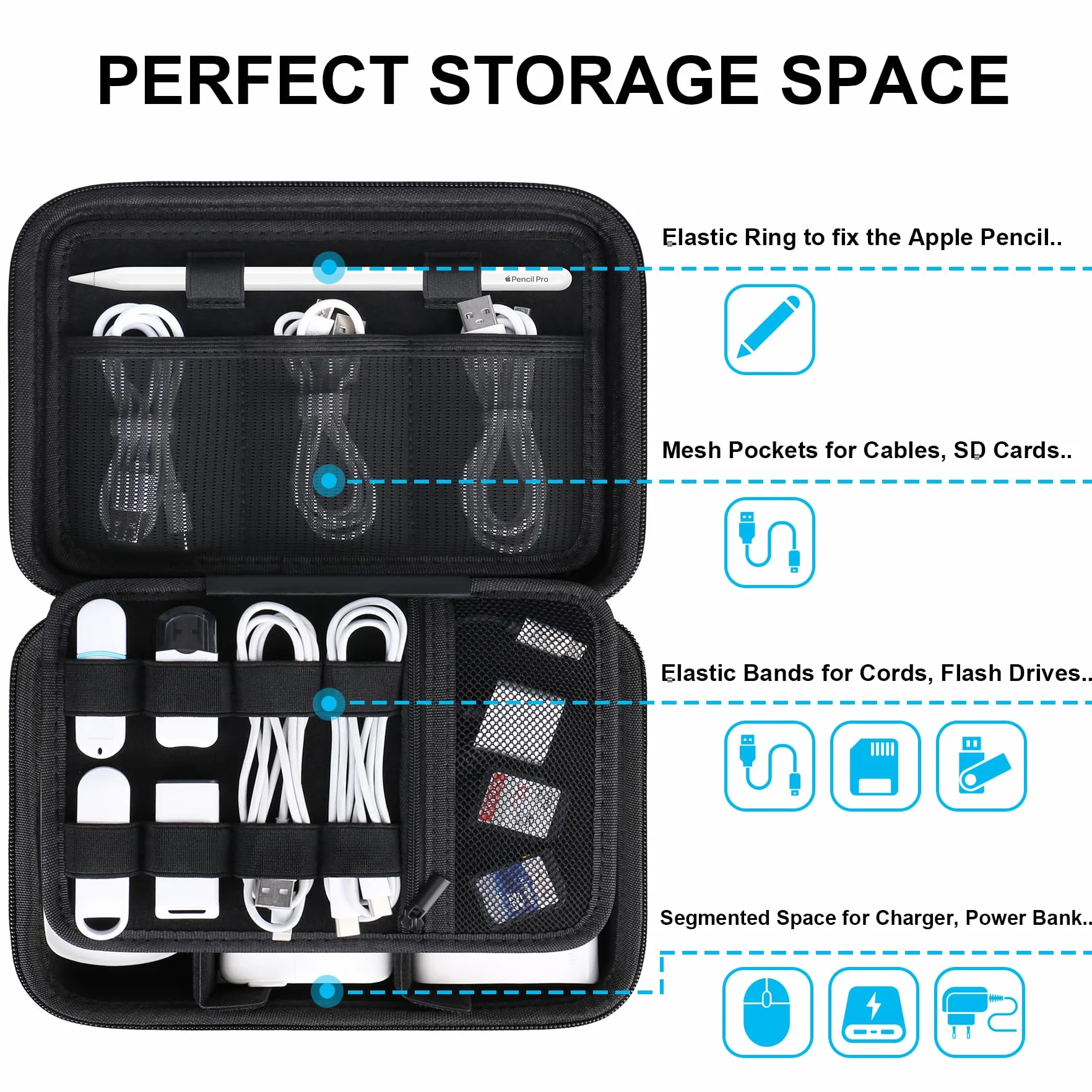 Lacdo Étui de Transport Rigide pour MacBook Adaptateur Chargeur Accessoires Sac EVA Noir