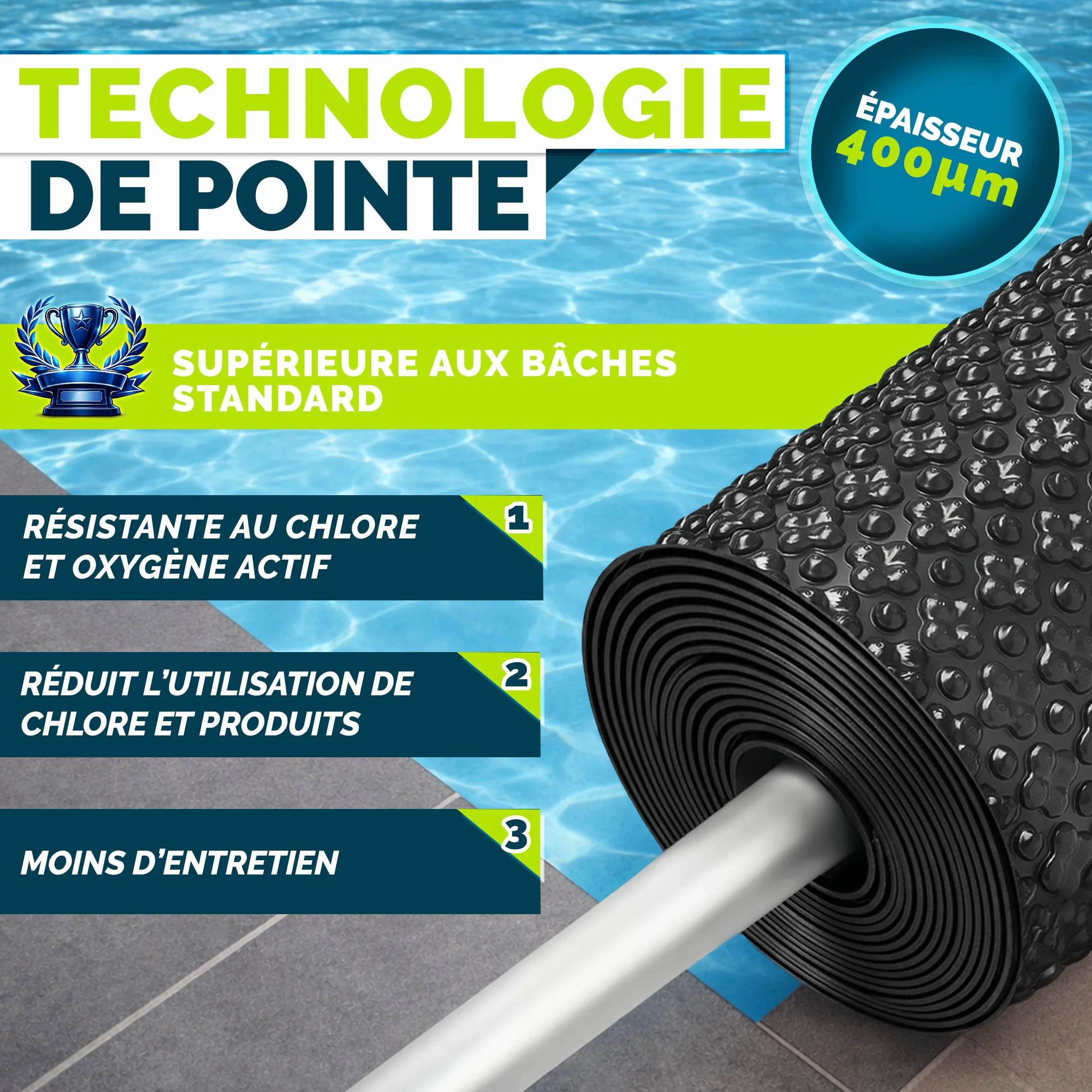 Tillvex Elite Bâche Solaire à Bulles 400 µm Rectangulaire 732 x 366 cm Film Thermique ProHeat QB4