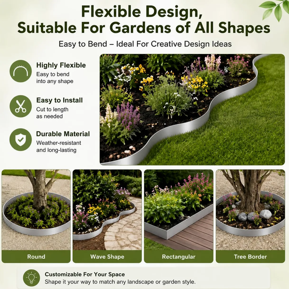 Bordure de Jardin en Métal Galvanisé 15cm x 15m, Bordure de Parterre Souple, Bordure de Pelouse, Clôture de Séparation, Délimitation Pelouse, Antirouille Délimiteur Gazon, Argentée